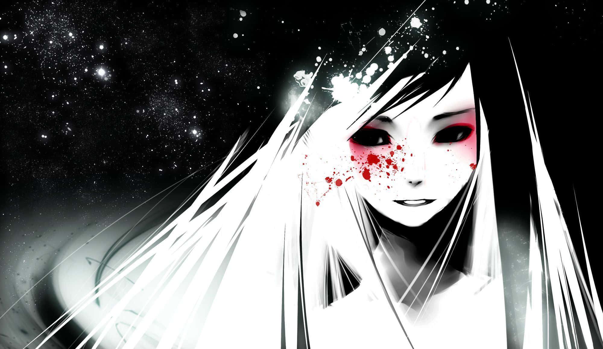 anime girl, white hair, red splatters, Full HD Desktop Wallpaper