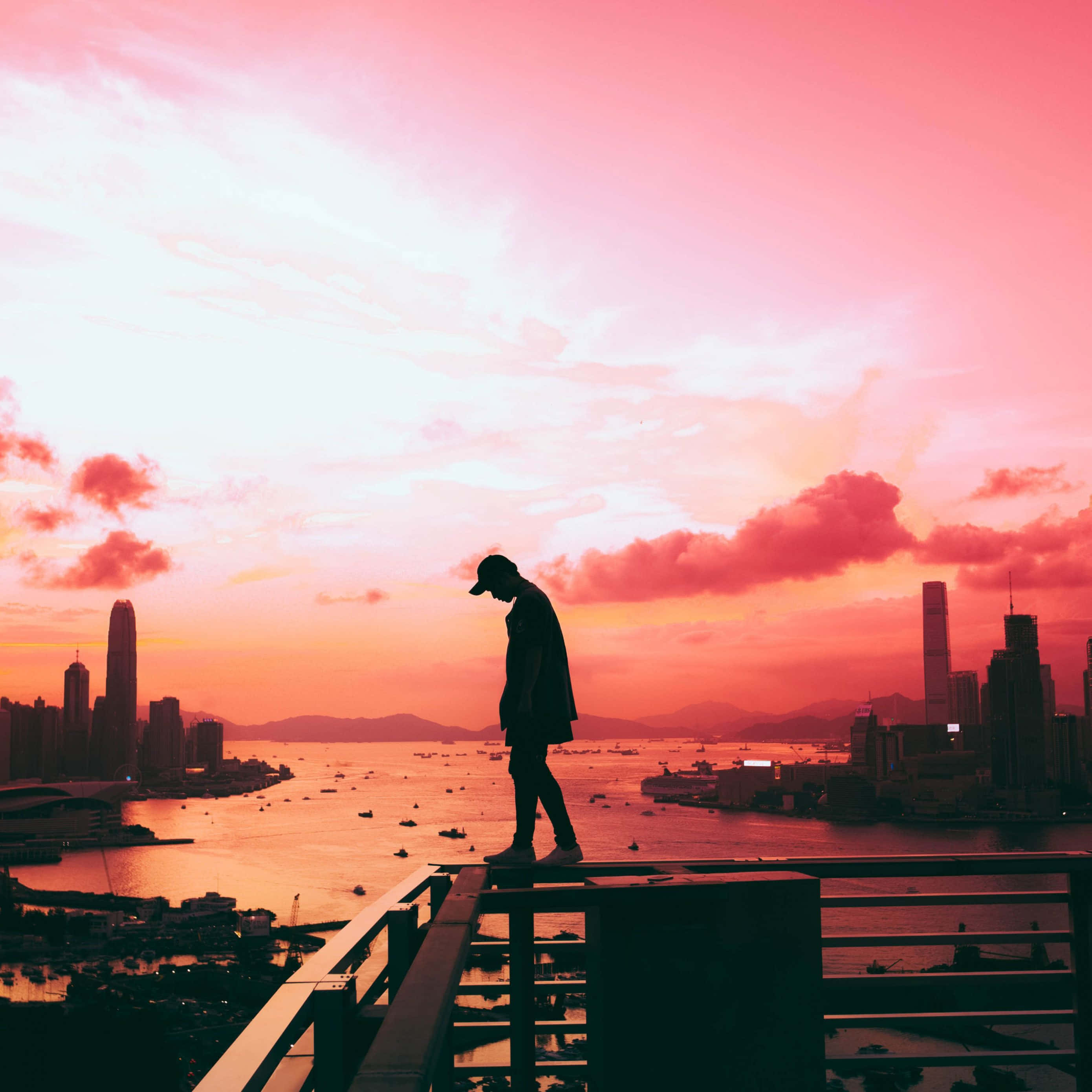 Cool Sad Boy, railings, city harbor, 2K Desktop Wallpaper