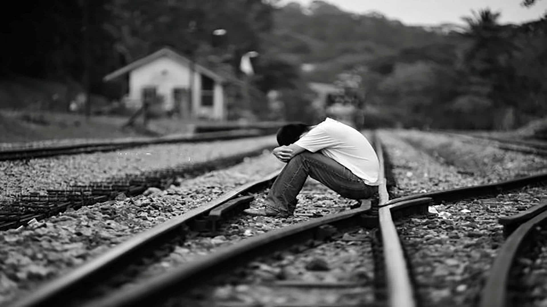Cool Sad Boy, train tracks, station building, Full HD Desktop Wallpaper