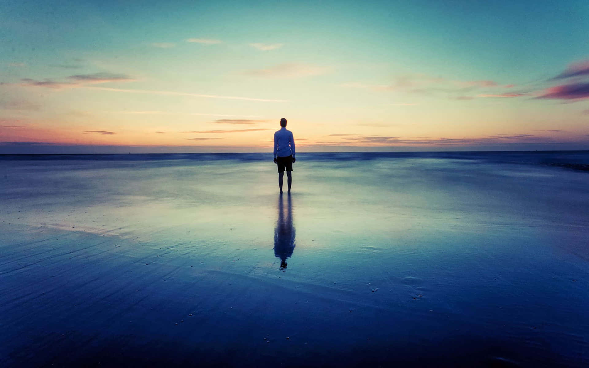 Cool Sad Boy, wet beach, sunset, Full HD Desktop Wallpaper