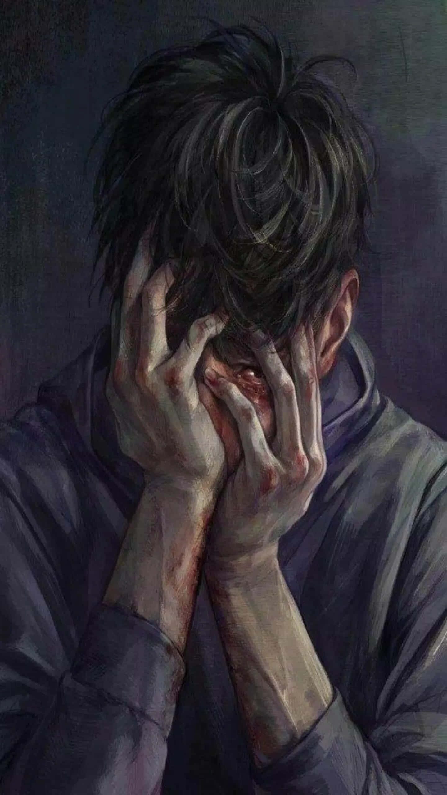 Cool Sad Boy, dark hair, bloodied hands, 2K Phone Wallpaper
