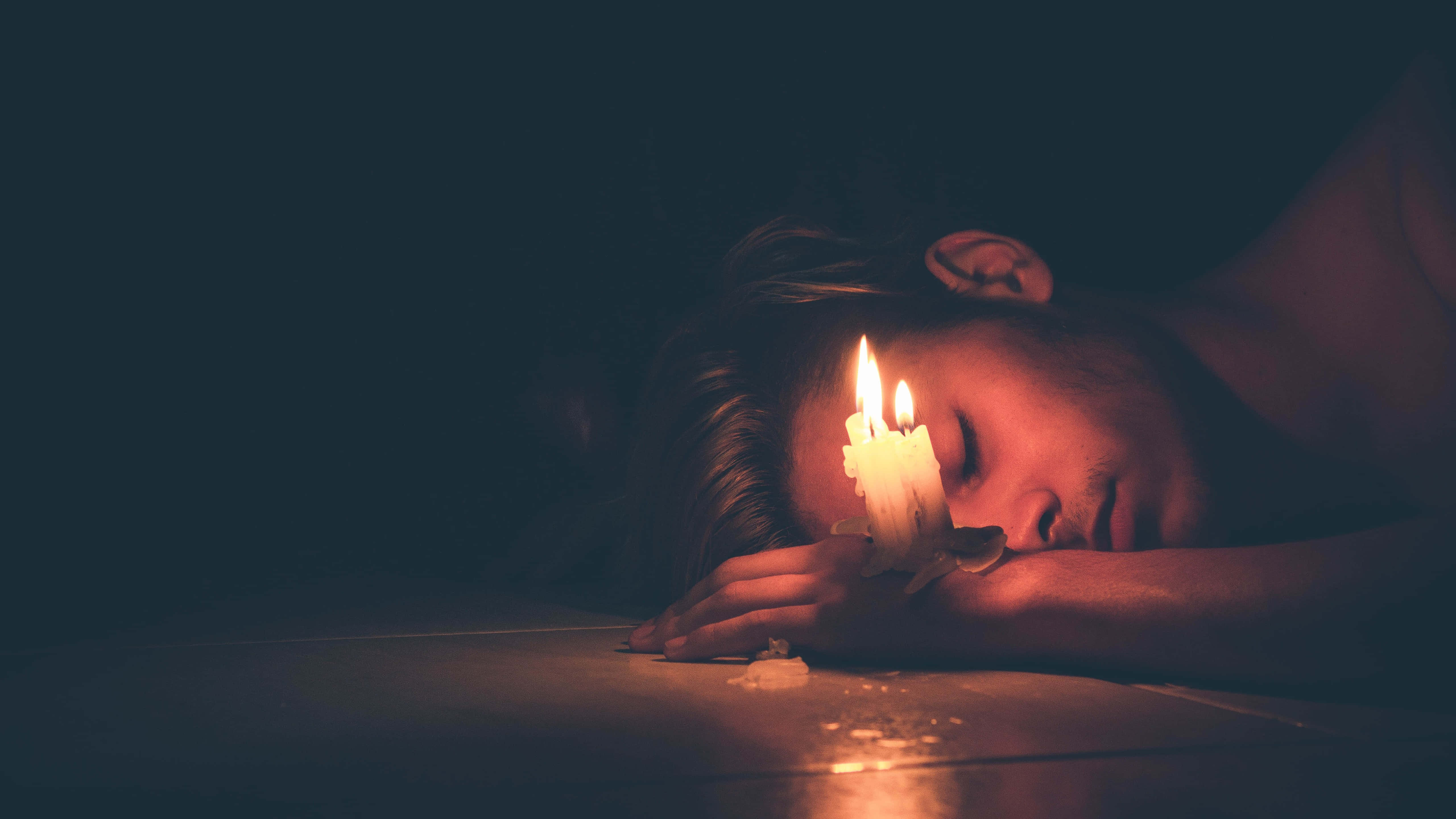 Cool Sad Boy, candle, warm light, 5K Desktop Wallpaper