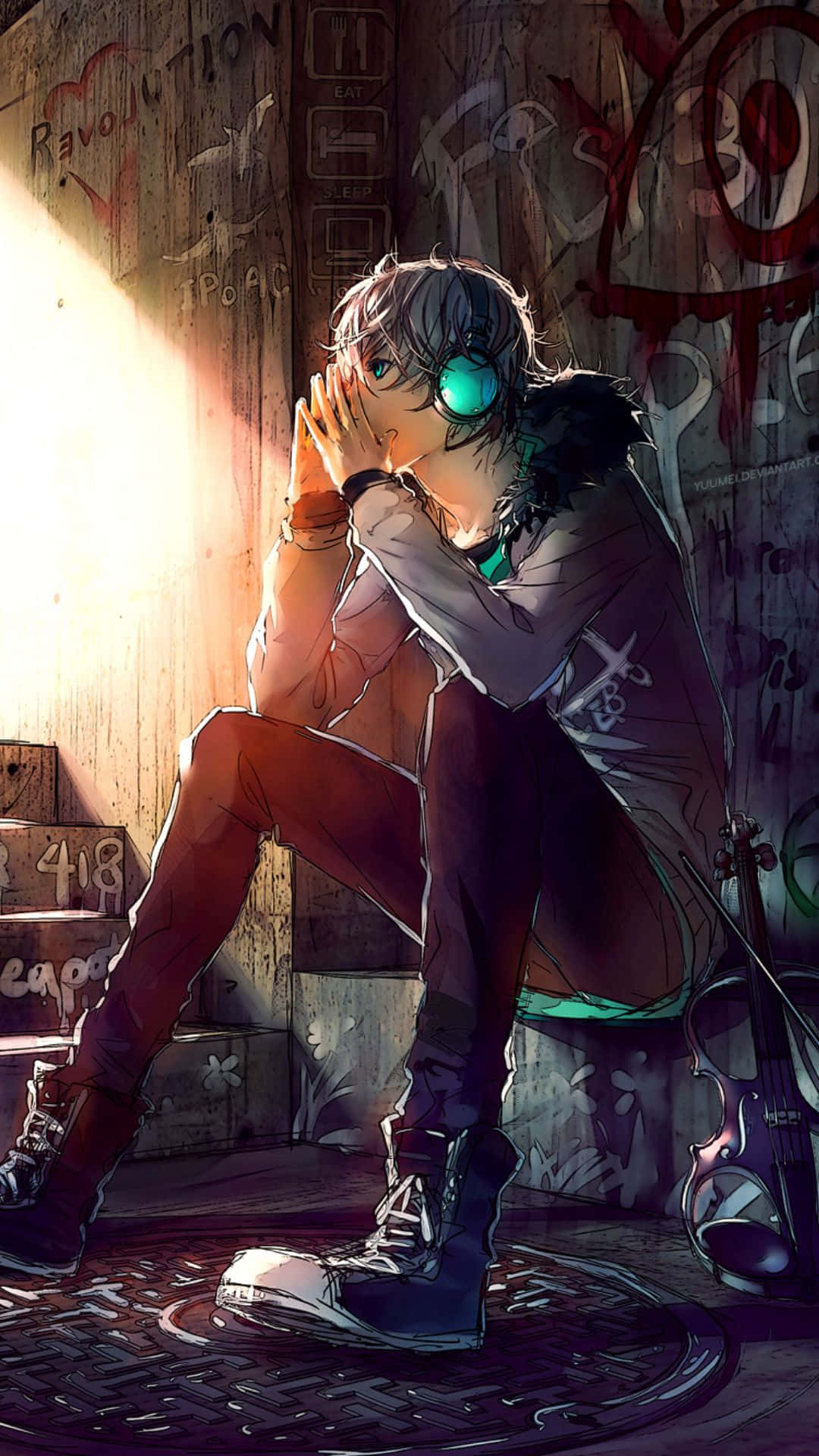 Cool Sad Boy, glowing green headphones, graffiti-covered alley, Full HD Phone Wallpaper