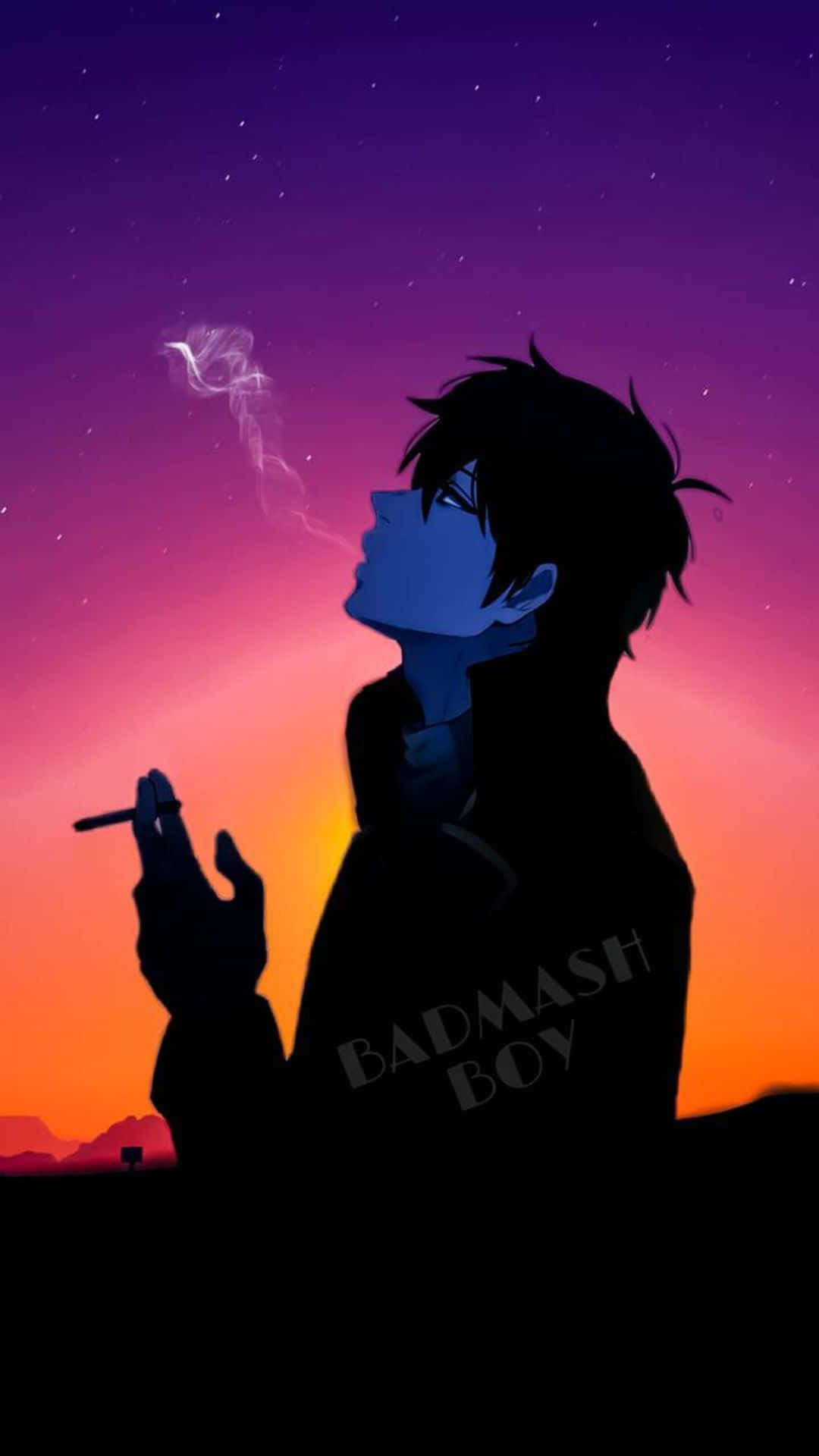 Cool Sad Boy, anime boy, vibrant purple orange sunset sky, Full HD Phone Wallpaper