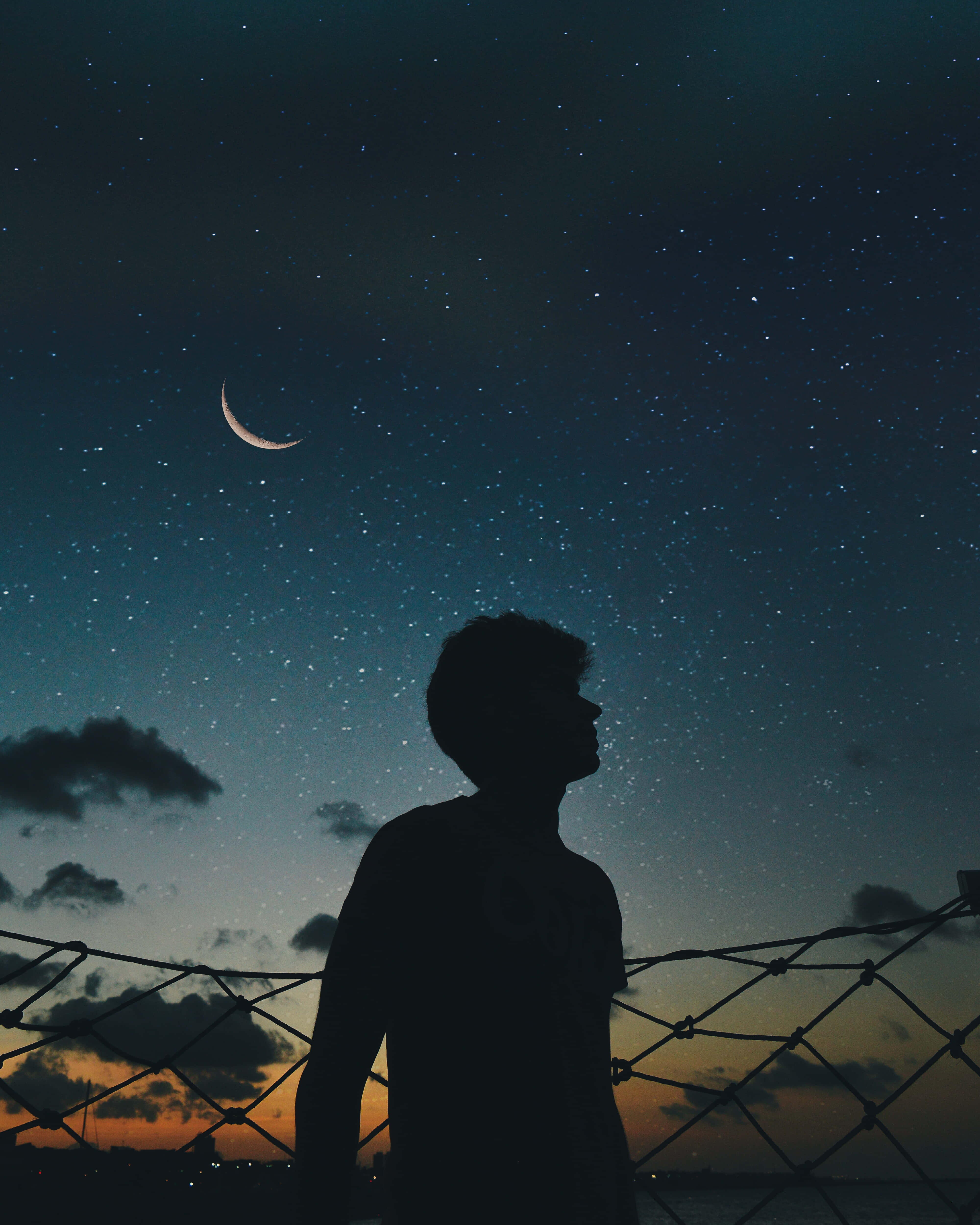 Cool Sad Boy, starry night, crescent moon, 4K Phone Wallpaper