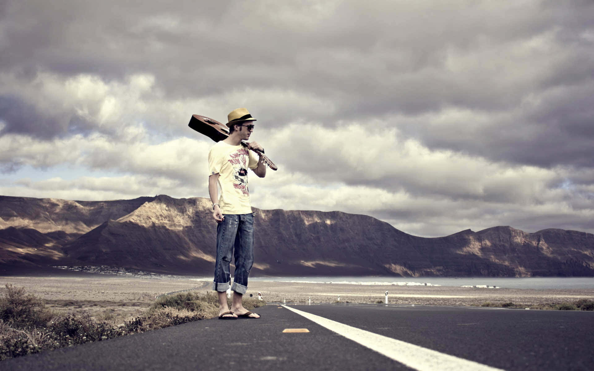 Cool Sad Boy, guitar case, lonely road, Full HD Desktop Wallpaper