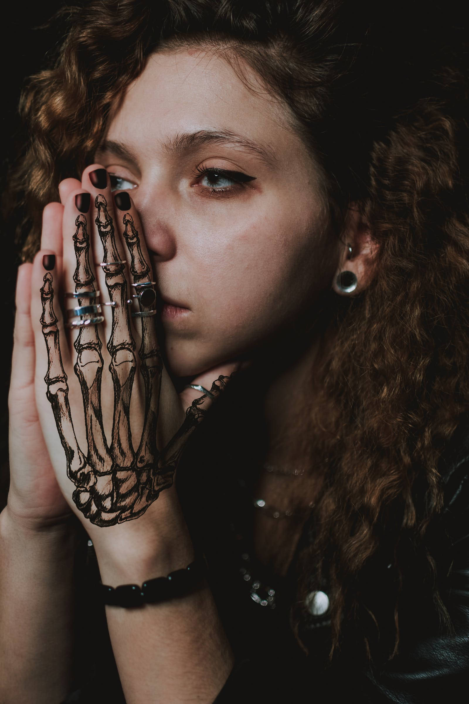 Cool Sad Girl, curly hair, skeletal hand tattoo, Full HD Phone Wallpaper