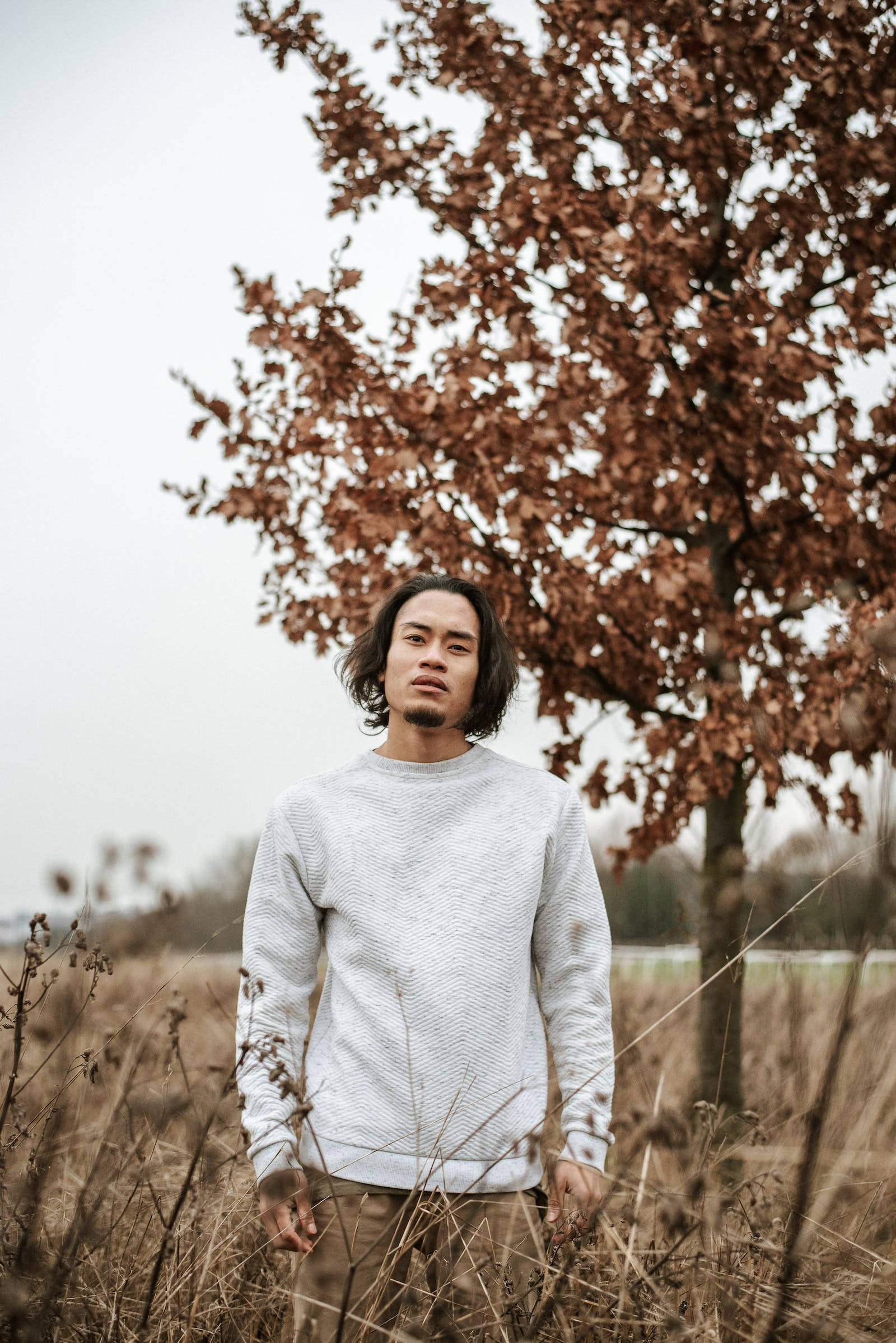 cool vintage sad guy, long dark hair, field of dry grass, Full HD Phone Wallpaper