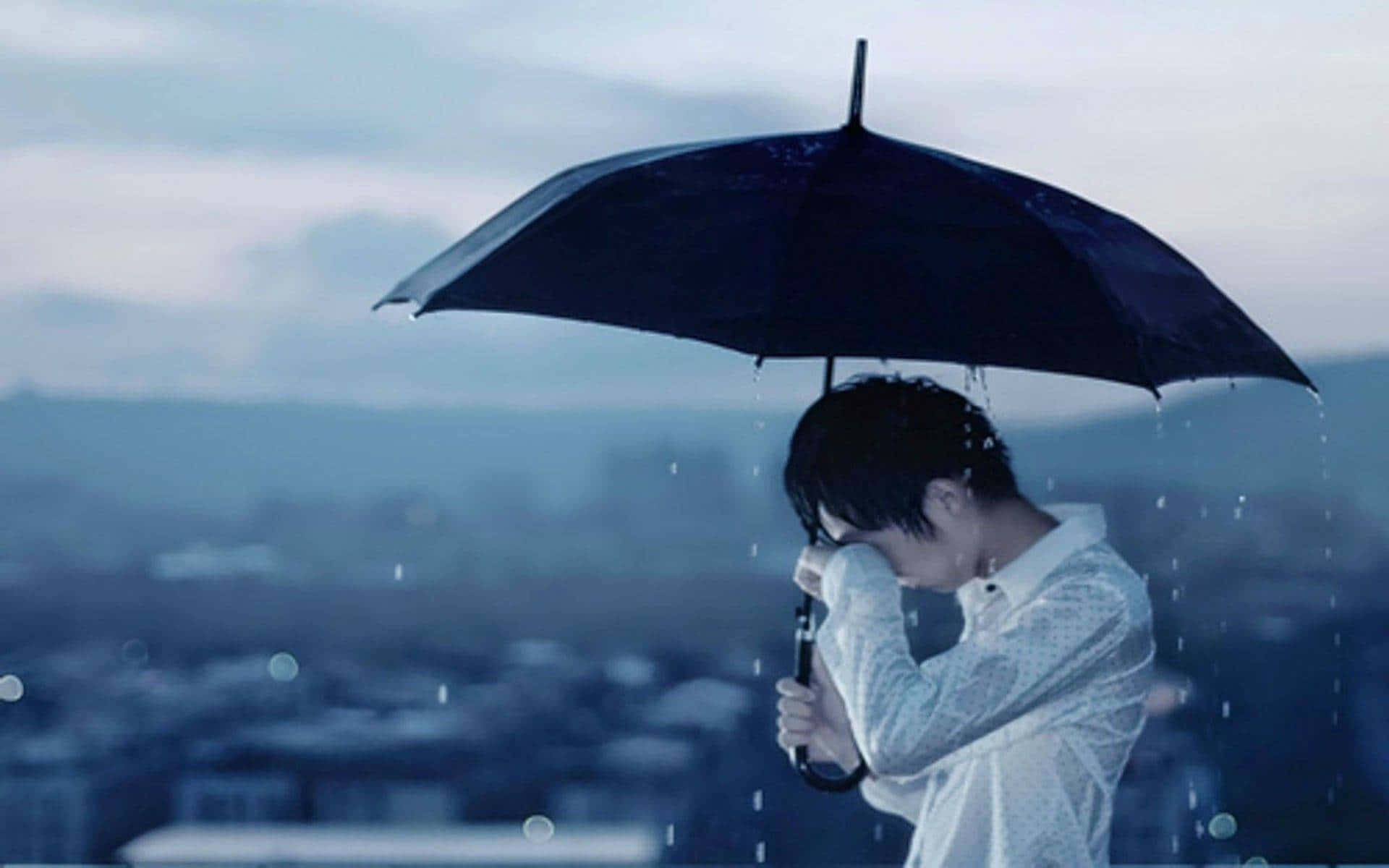 Cool Sad Boy, black umbrella, falling rain, Full HD Desktop Wallpaper