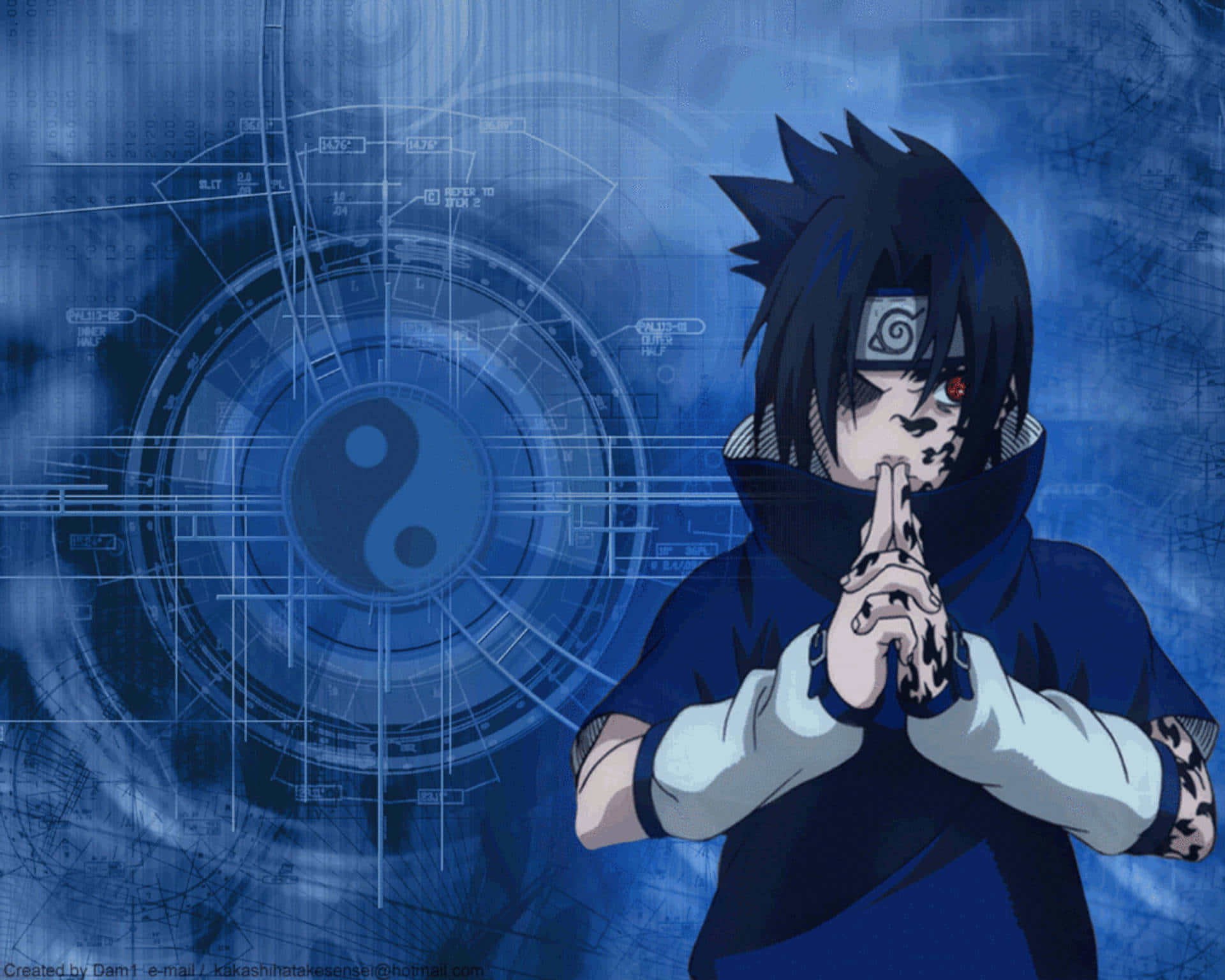 Sasuke, blue tech-themed background, yin yang symbol, Full HD Desktop Wallpaper