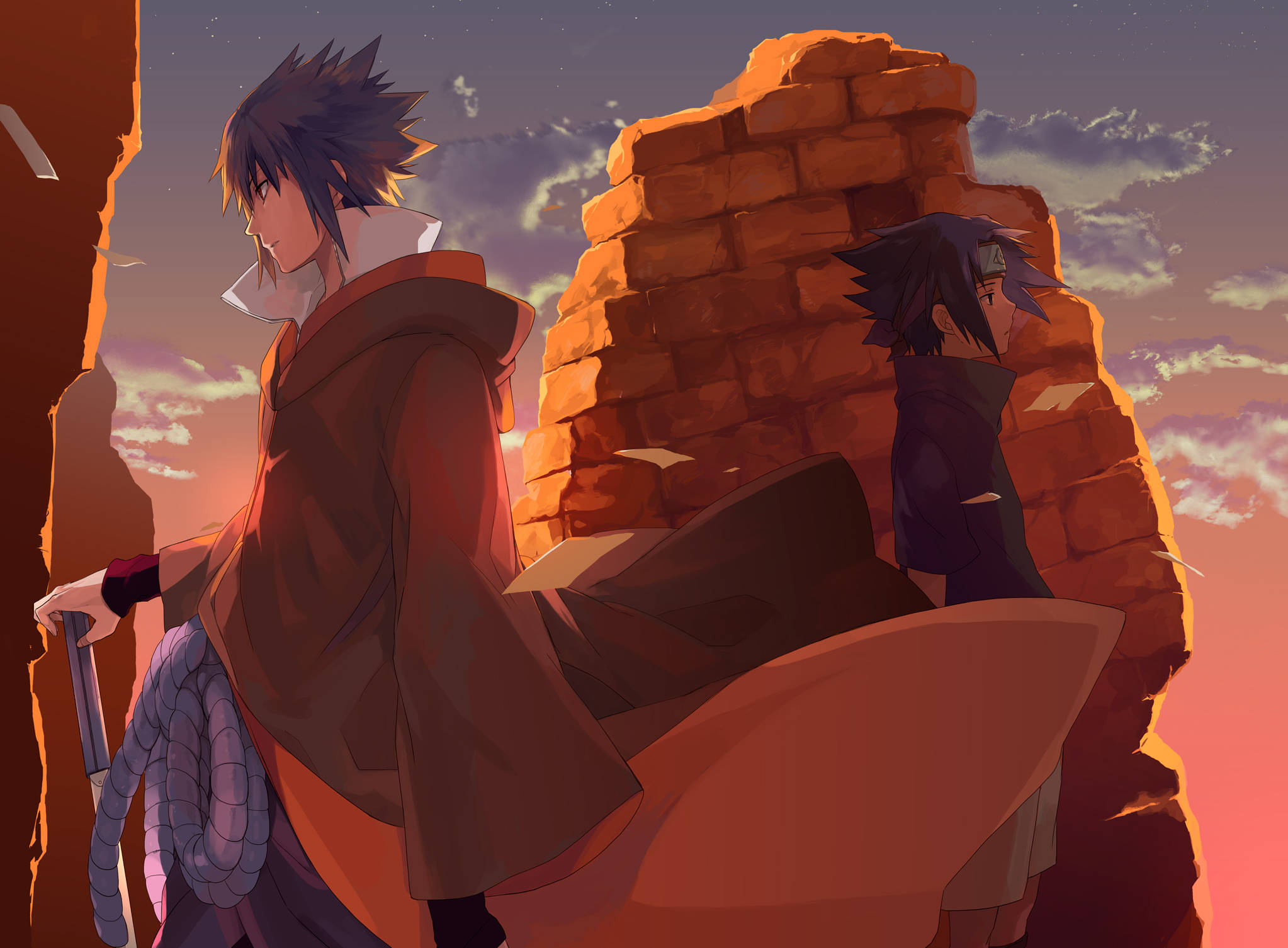 Cool Sasuke, twilight sky, soft pink and orange clouds, Full HD Desktop Wallpaper