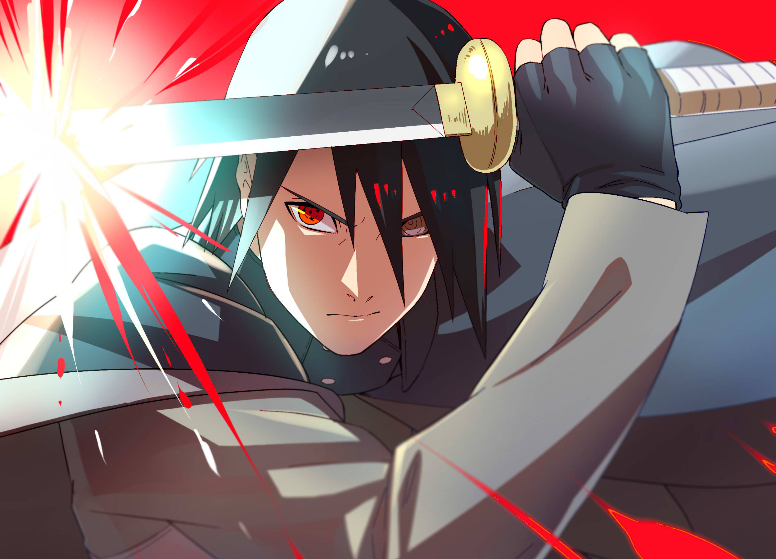 Cool Sasuke, red eyes, sword, Full HD Desktop Wallpaper