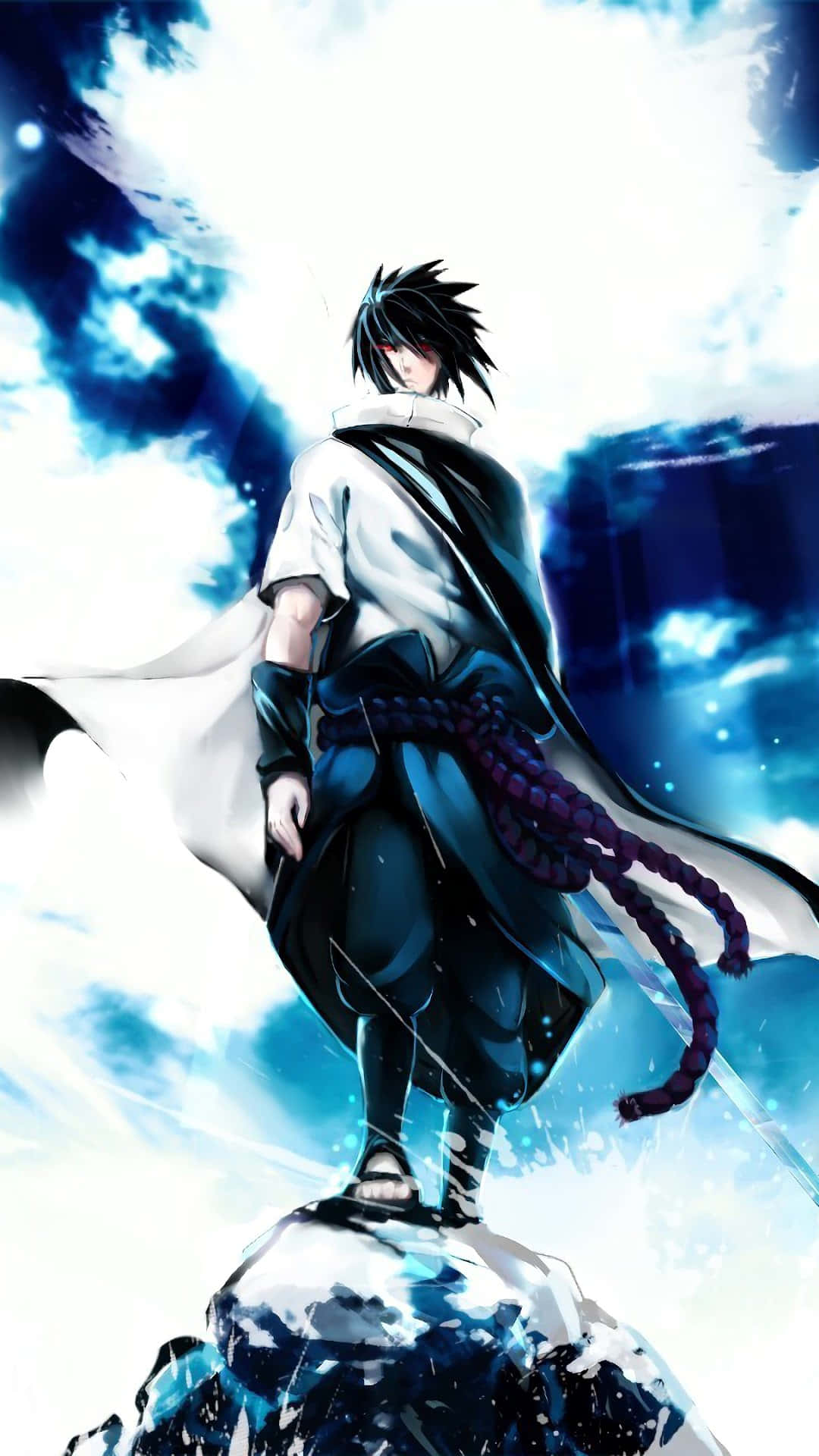 Blue Sasuke, spiky-haired anime warrior, white and dark blue robes, Full HD Phone Wallpaper