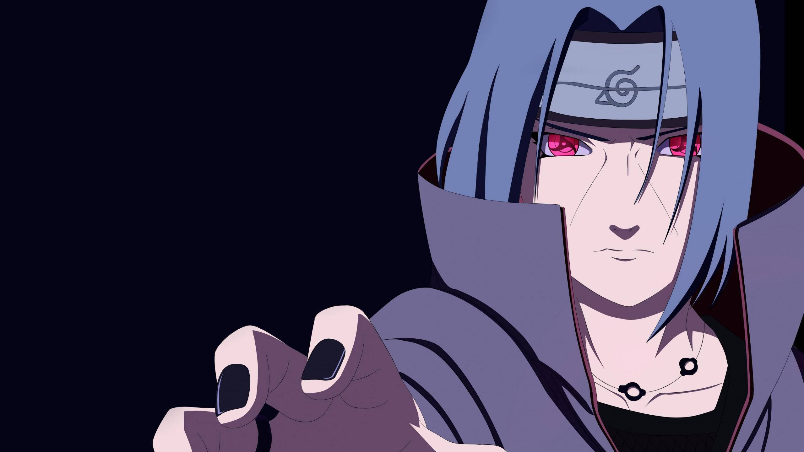 Sasuke, blue hair, red eyes, 2K Desktop Wallpaper