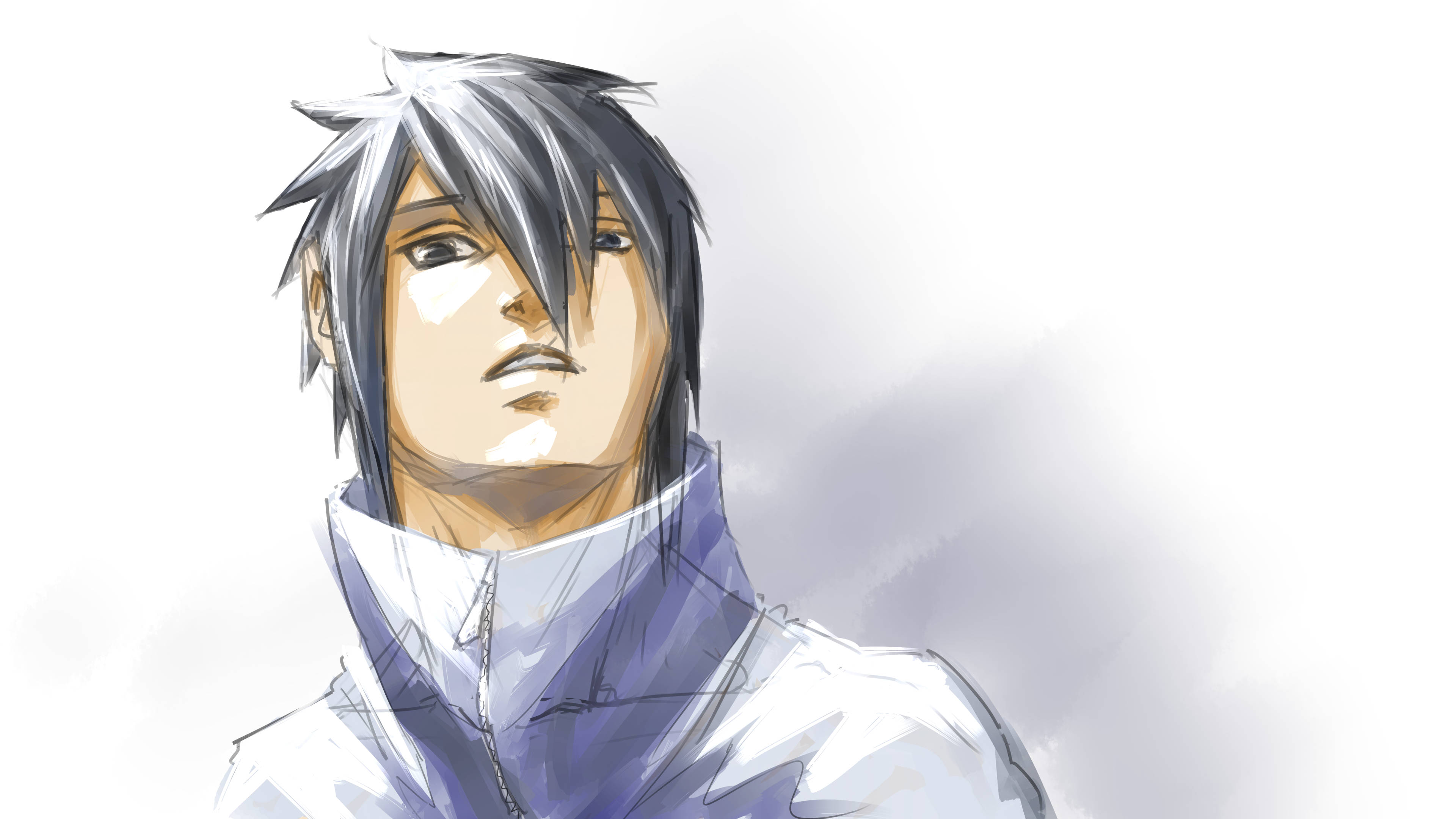 Sasuke, silver hair, white and blue high-collared outfit, 4K Desktop Wallpaper