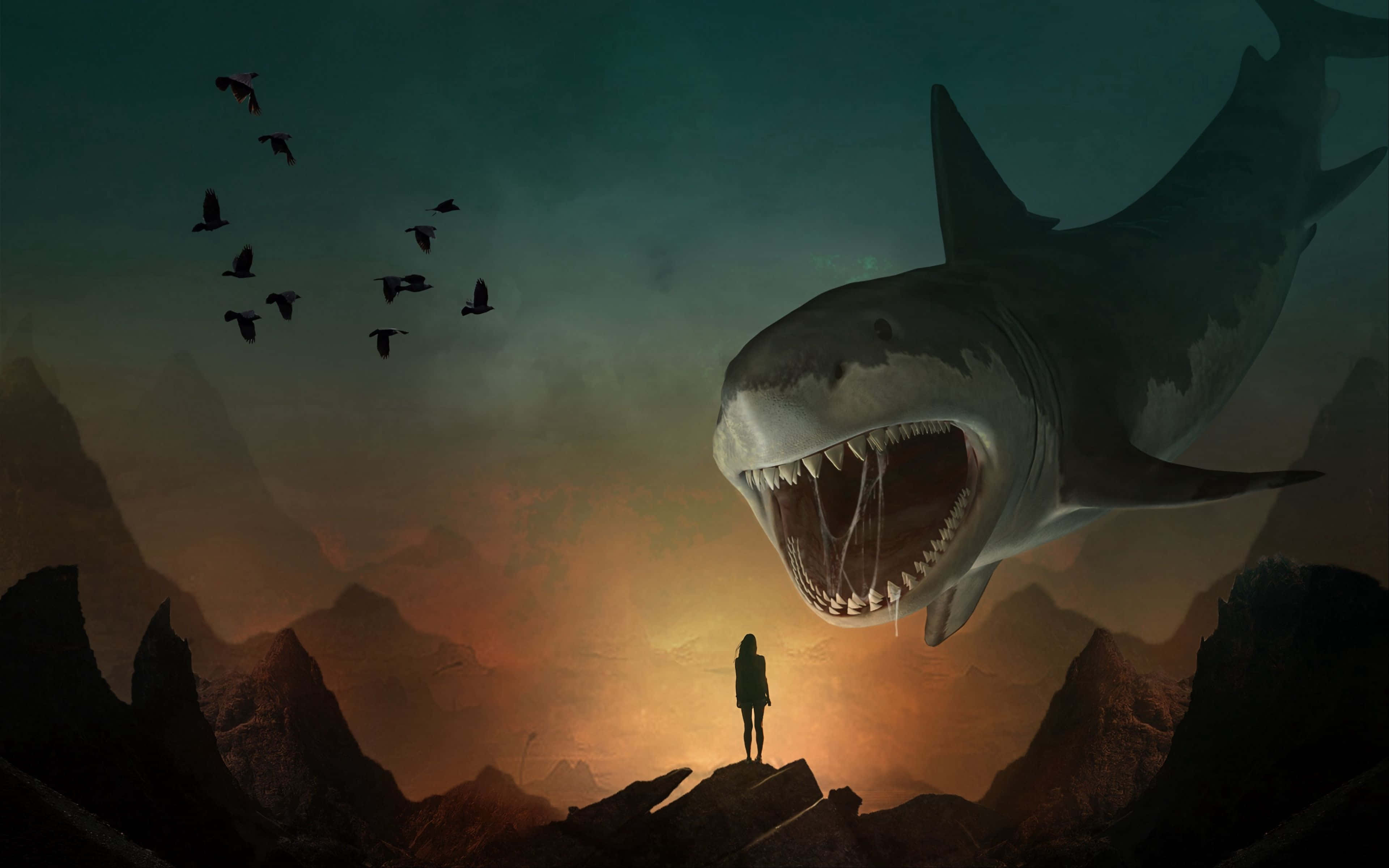 Cool Shark, rocky peak, colossal shark, 4K Desktop Wallpaper
