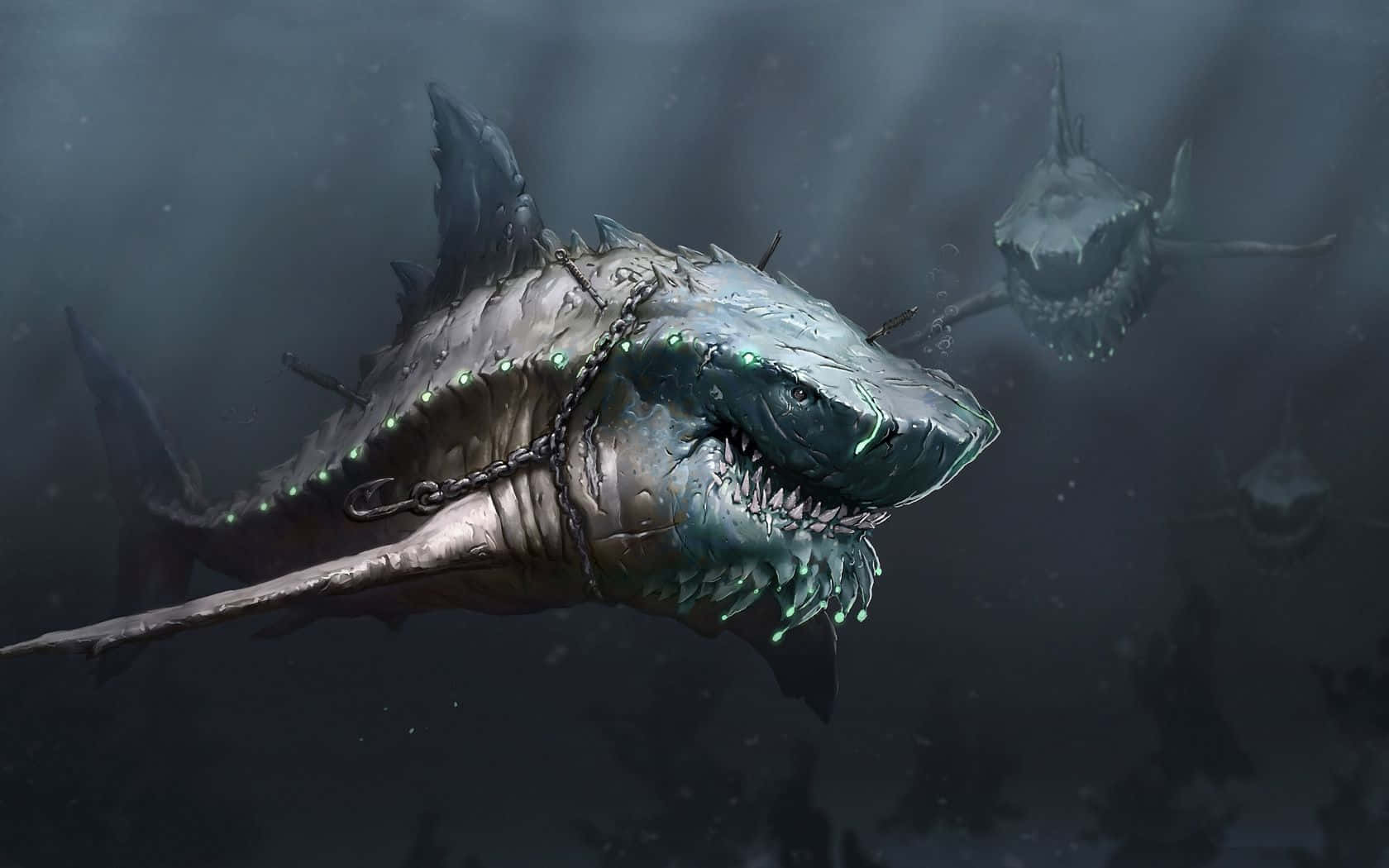 Cool Shark, glowing green chains, murky dark water, HD Desktop Wallpaper