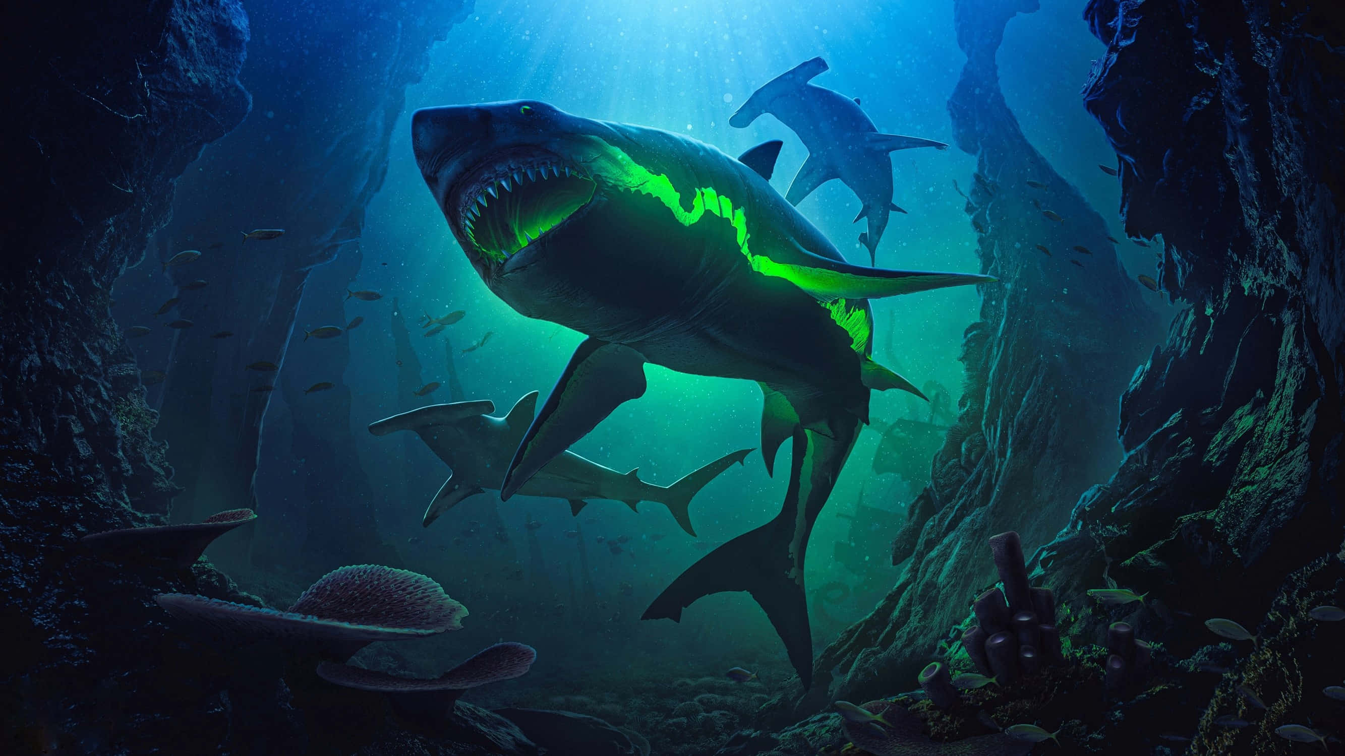 cool shark, glowing green shark, sunlit underwater cave, 2K Desktop Wallpaper