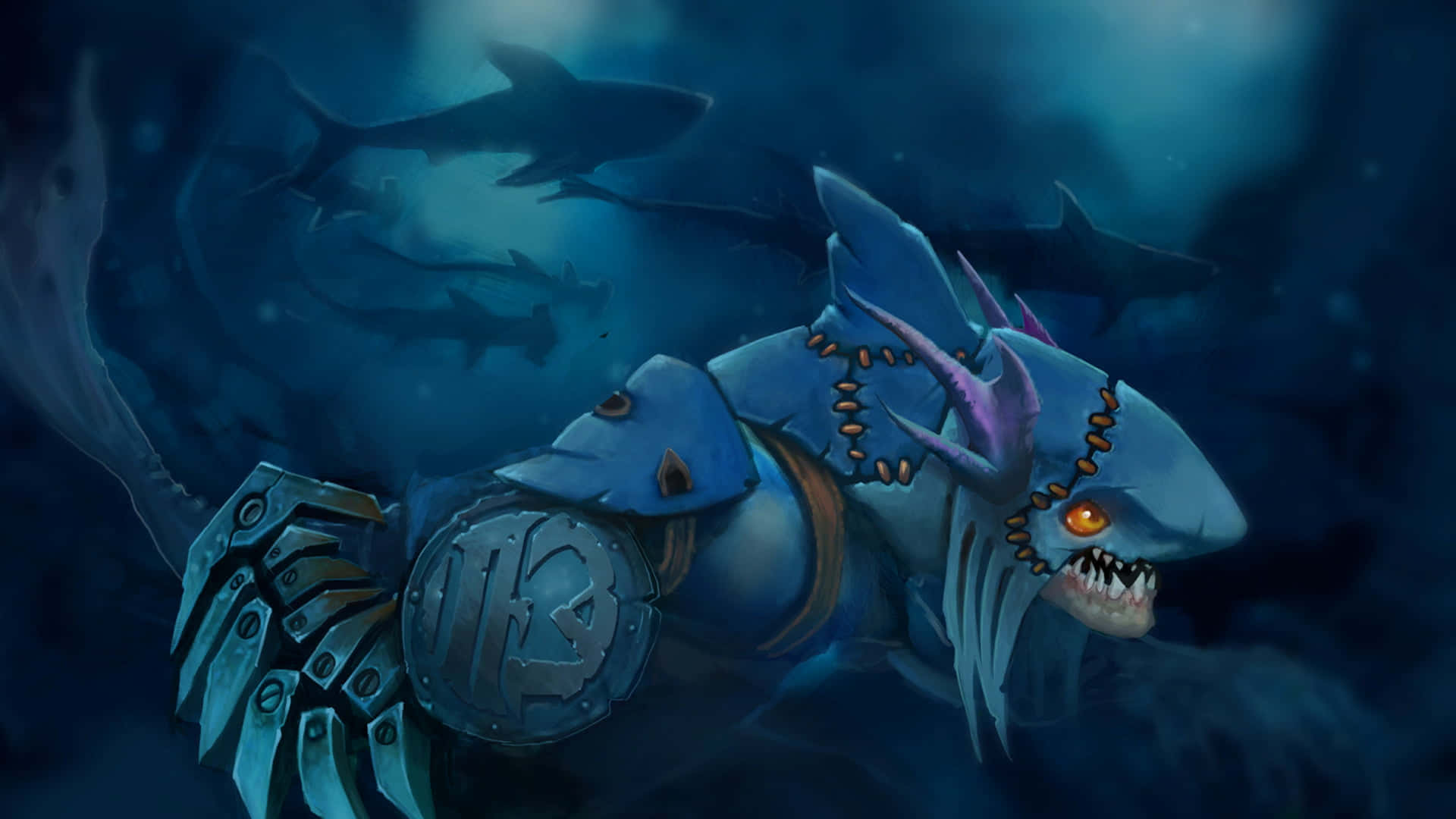 Cool Shark, glowing orange eyes, dark blue ocean waters, Full HD Desktop Wallpaper