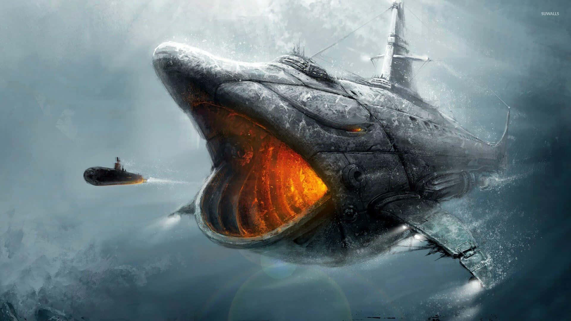 cool shark, mechanical shark, glowing orange interior jaws, Full HD Desktop Wallpaper