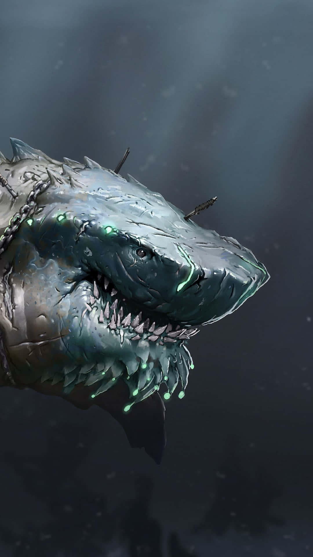shark, green glow, glowing green eyes, Full HD Phone Wallpaper
