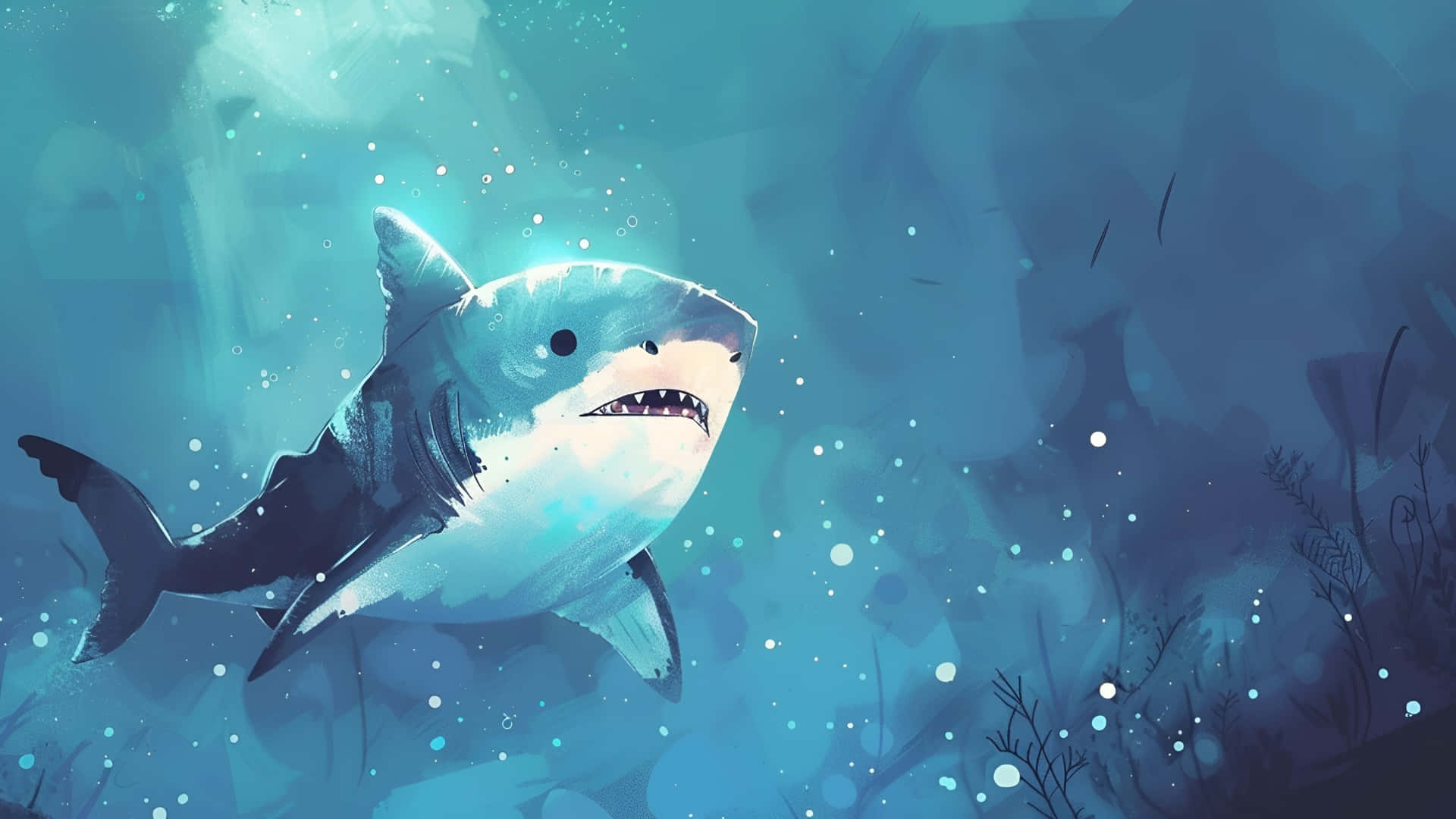cute cartoon shark, sunlit blue water, glowing particles, Full HD Desktop Wallpaper