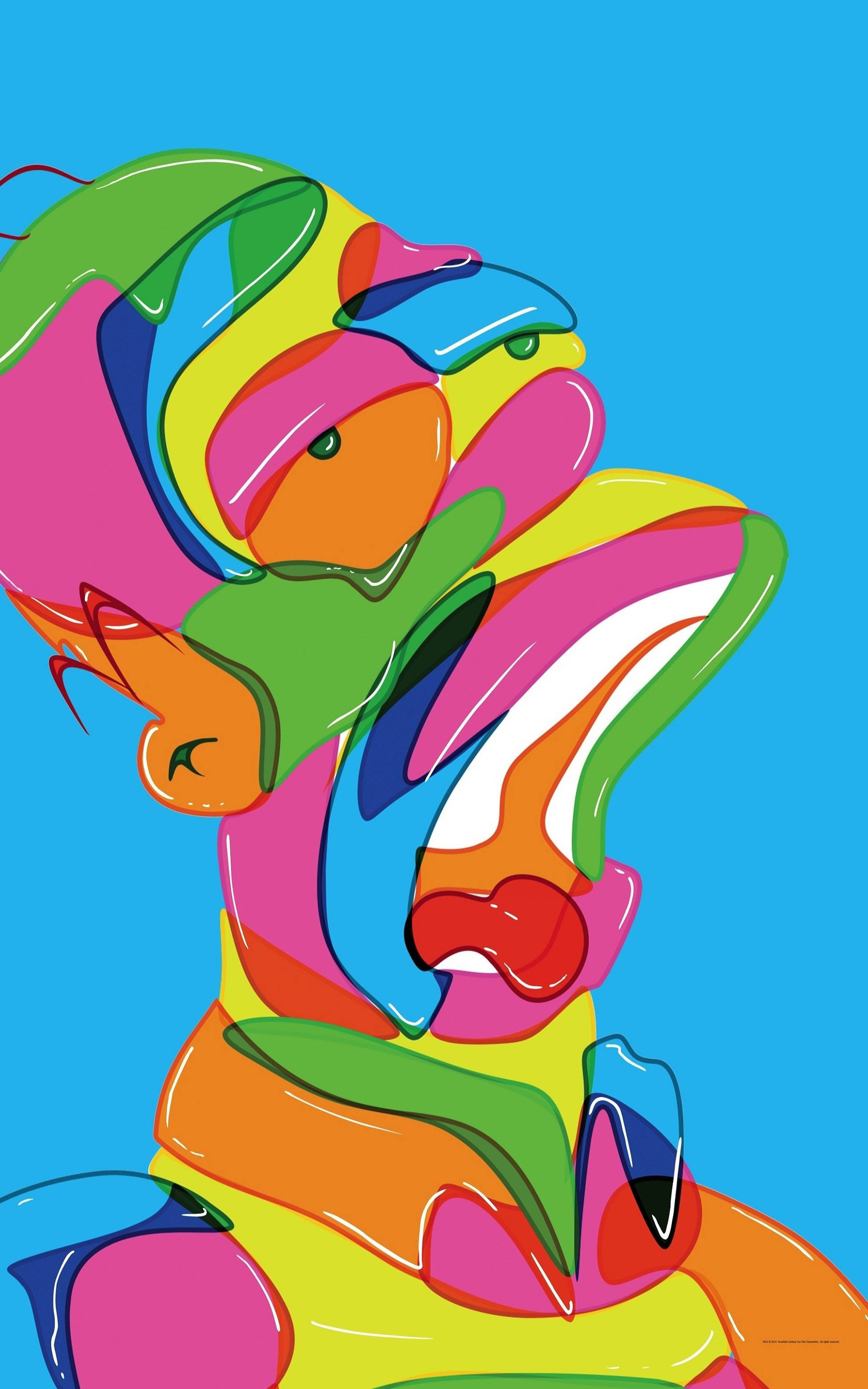Simpsons, rainbow colors, solid blue background, 4K Phone Wallpaper