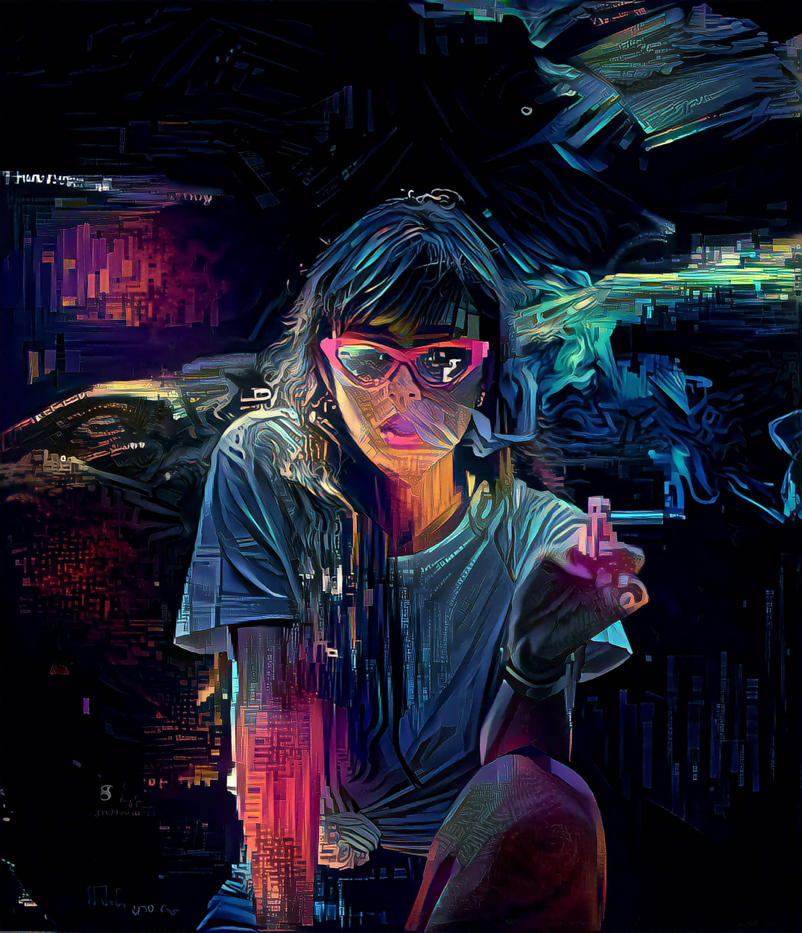 cool smoke, cyberpunk woman, glowing pink glasses, 2K Phone Wallpaper