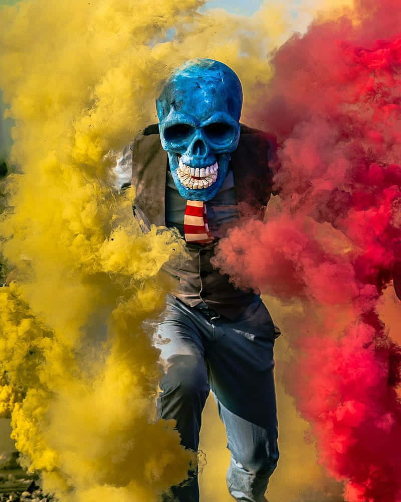 blue skull mask, red tie, vibrant yellow and red smoke clouds, SD Phone Wallpaper
