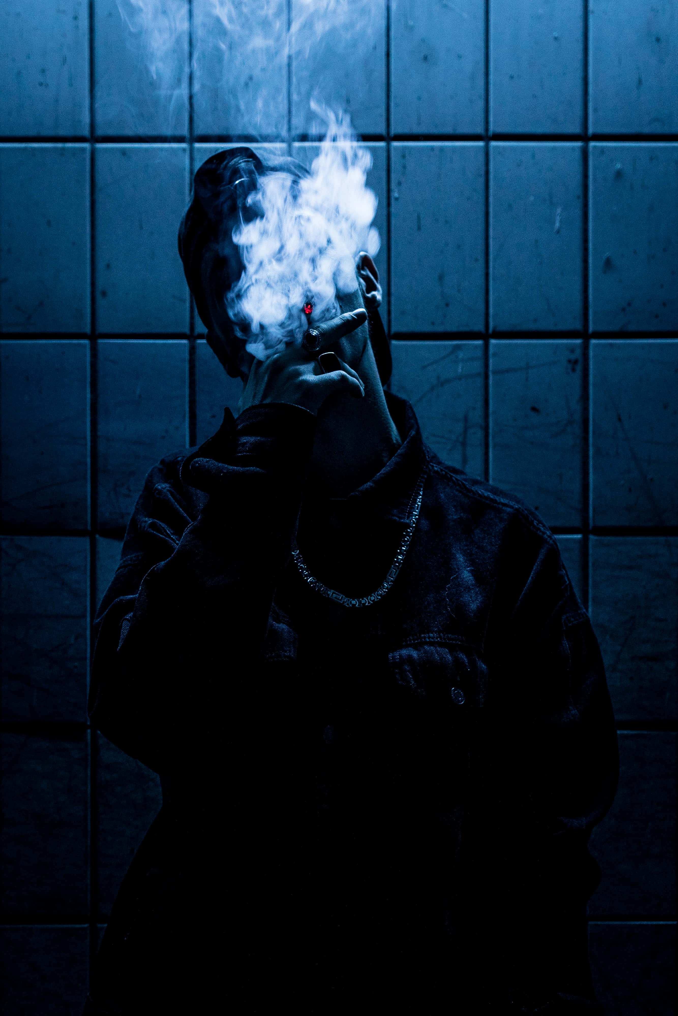 Cool Smoke, blue tiled wall, smoke, 4K Phone Wallpaper
