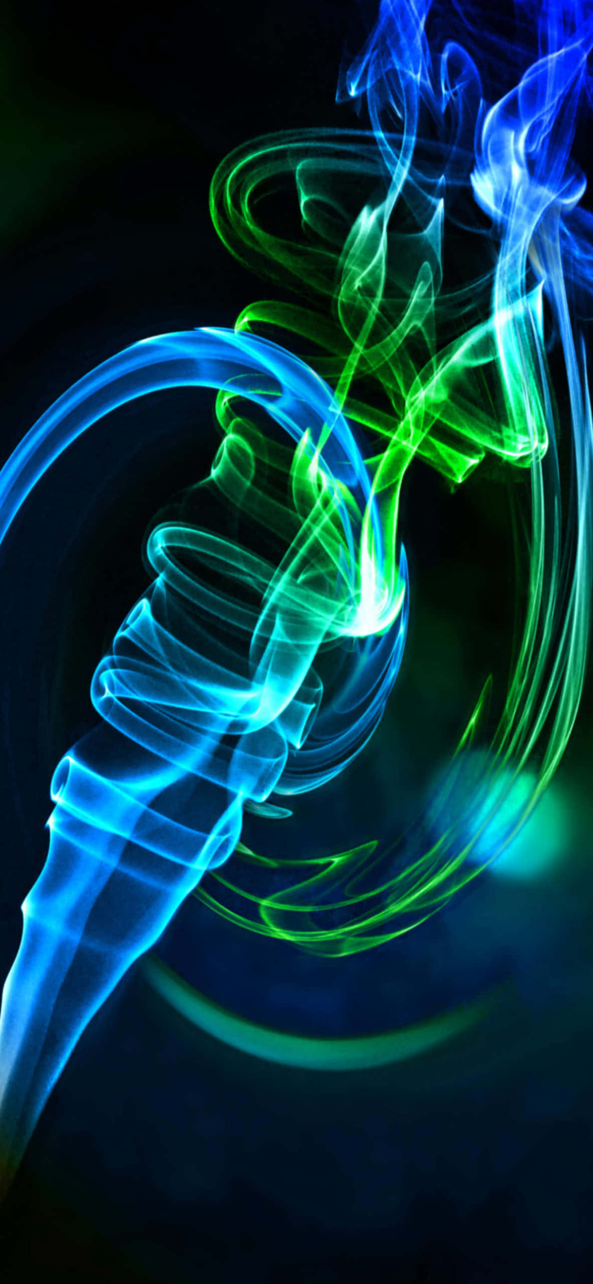 glowing blue and green smoke, neon smoke, dark background, 2K Phone Wallpaper
