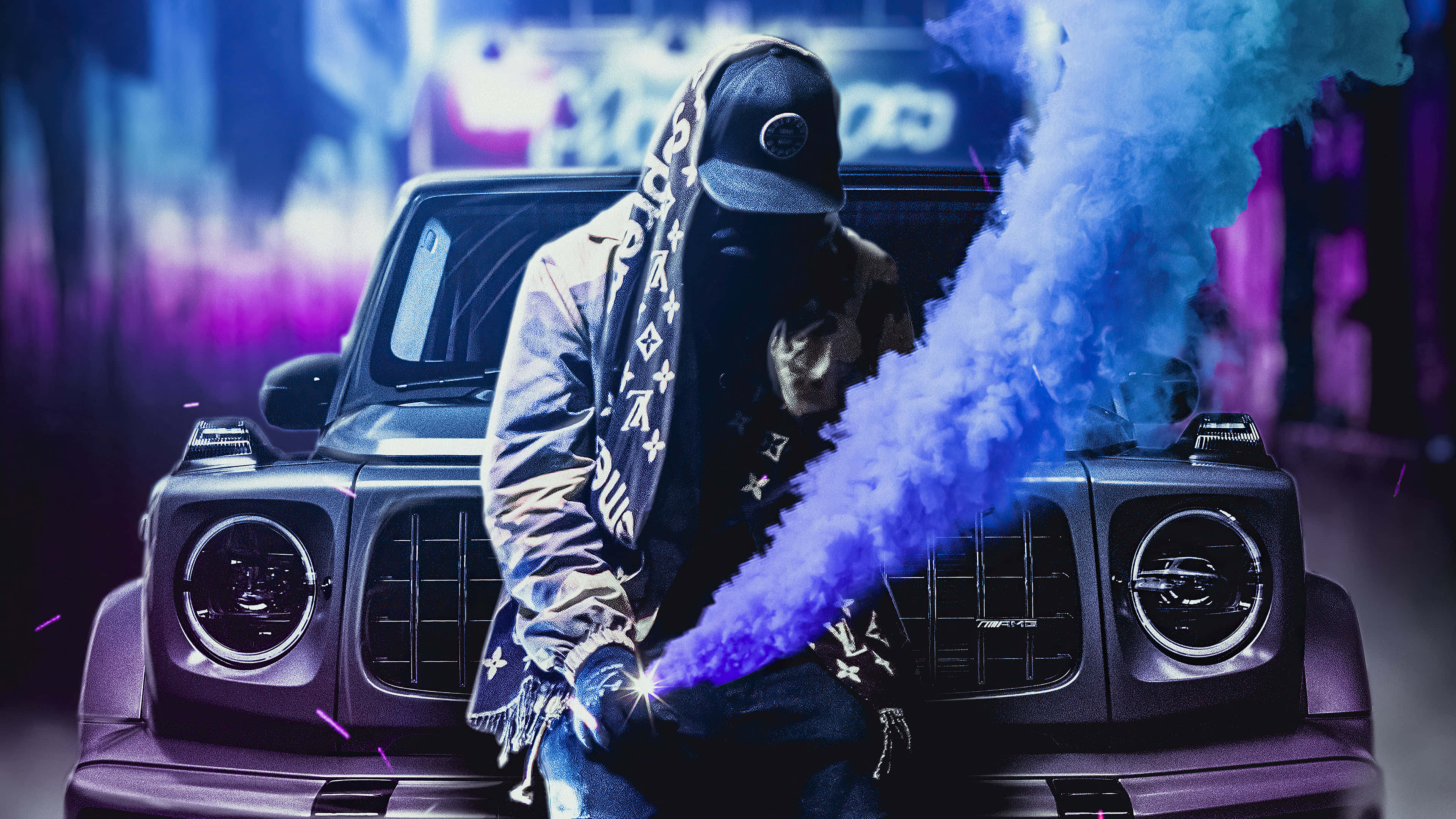 matte black SUV, vibrant blue smoke, neon-lit urban night, 4K Desktop Wallpaper