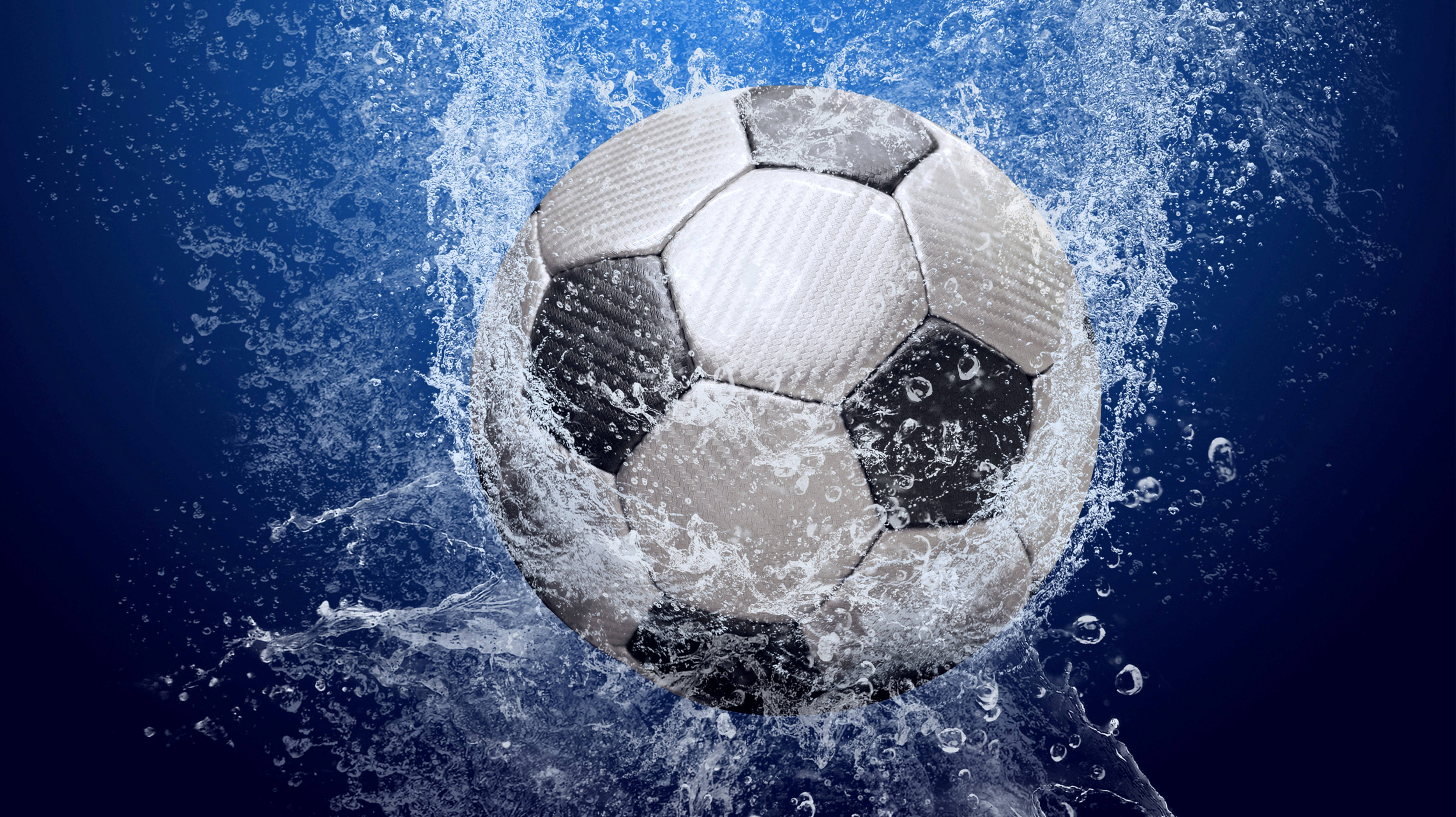 soccer ball, deep blue water, dynamic splashes, 4K Desktop Wallpaper