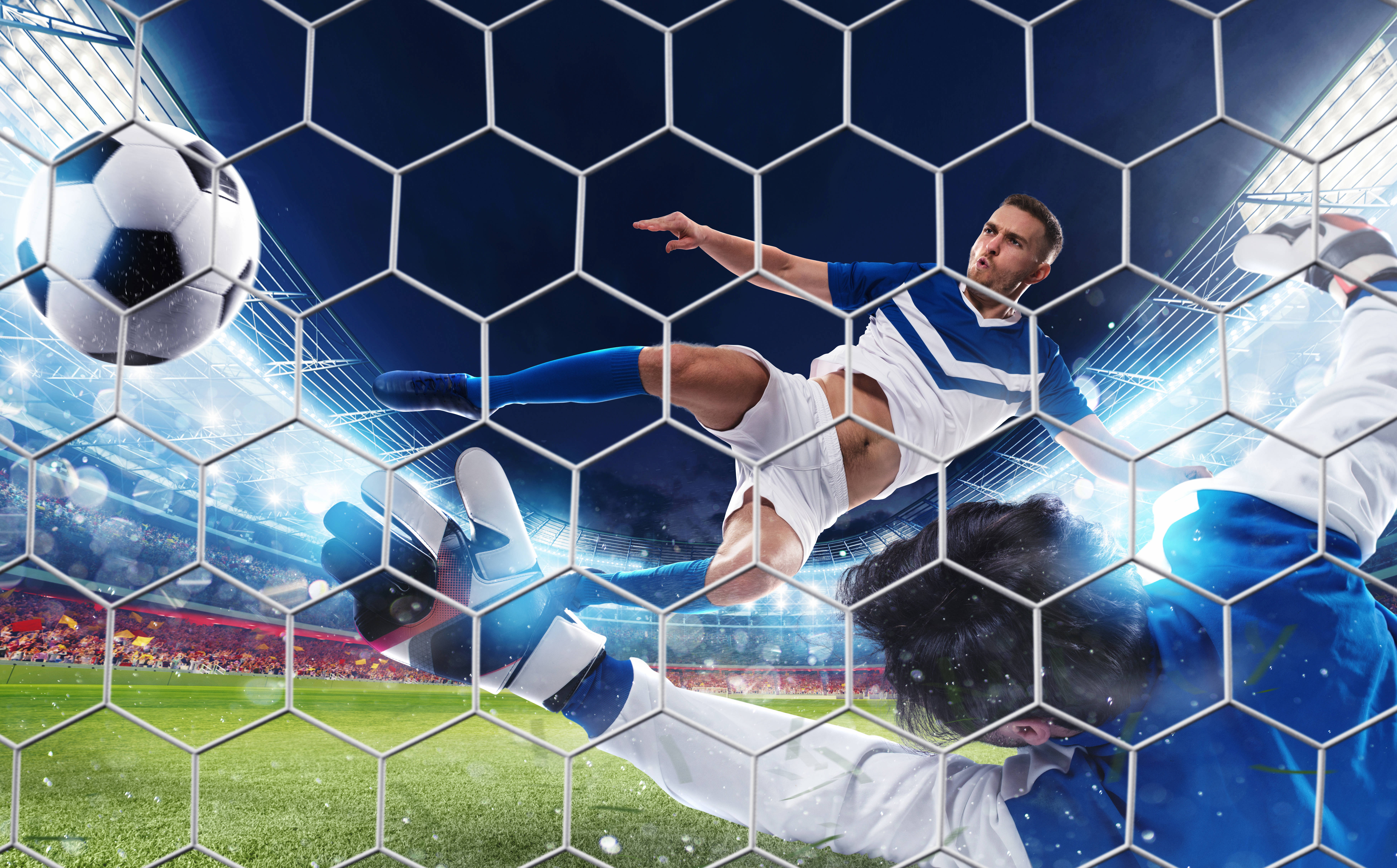 Cool Soccer Desktop, hexagonal goal net, soccer player, 5K Desktop Wallpaper