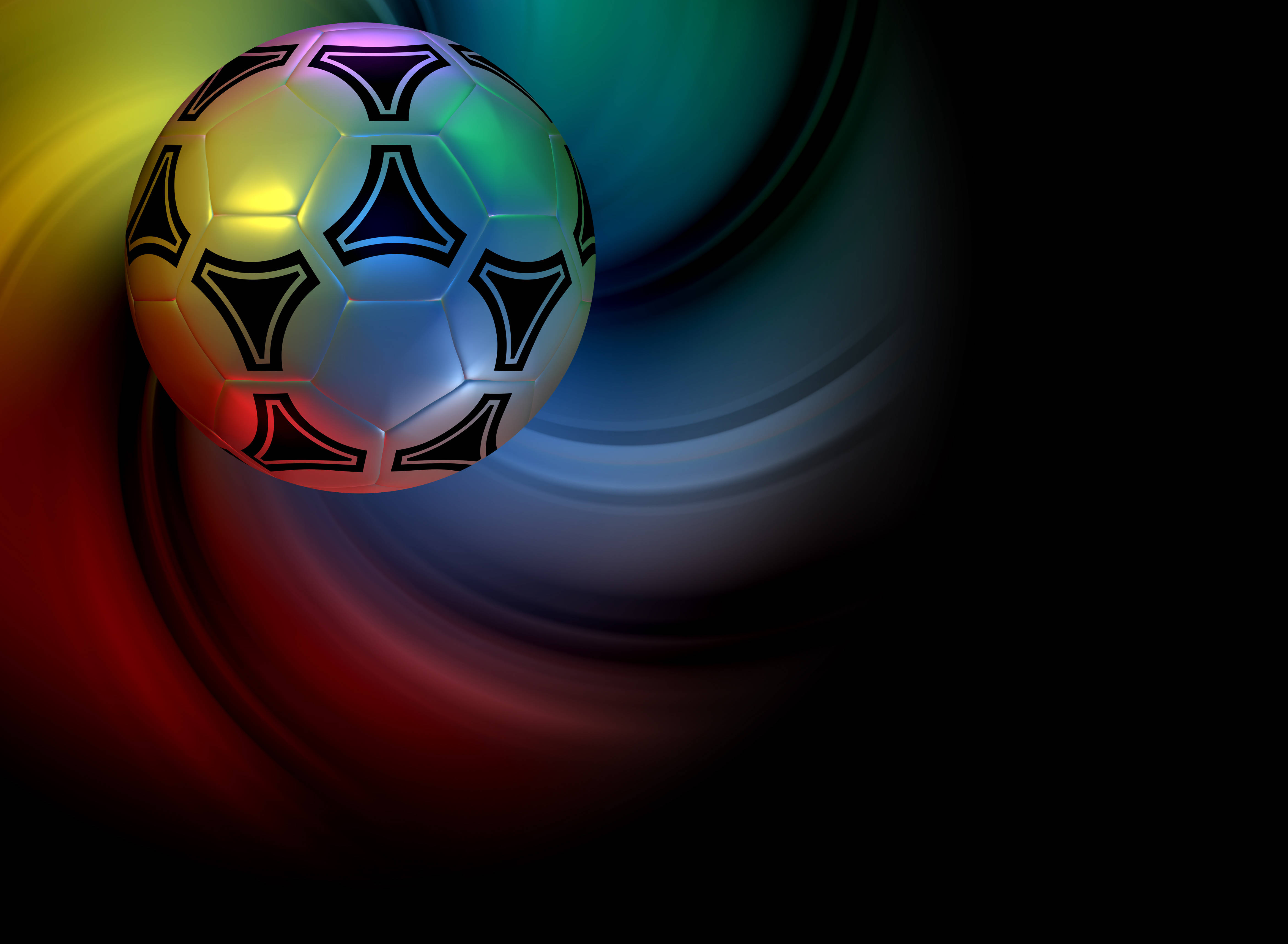 glossy soccer ball, rainbow hues, swirling dark background, 4K Desktop Wallpaper