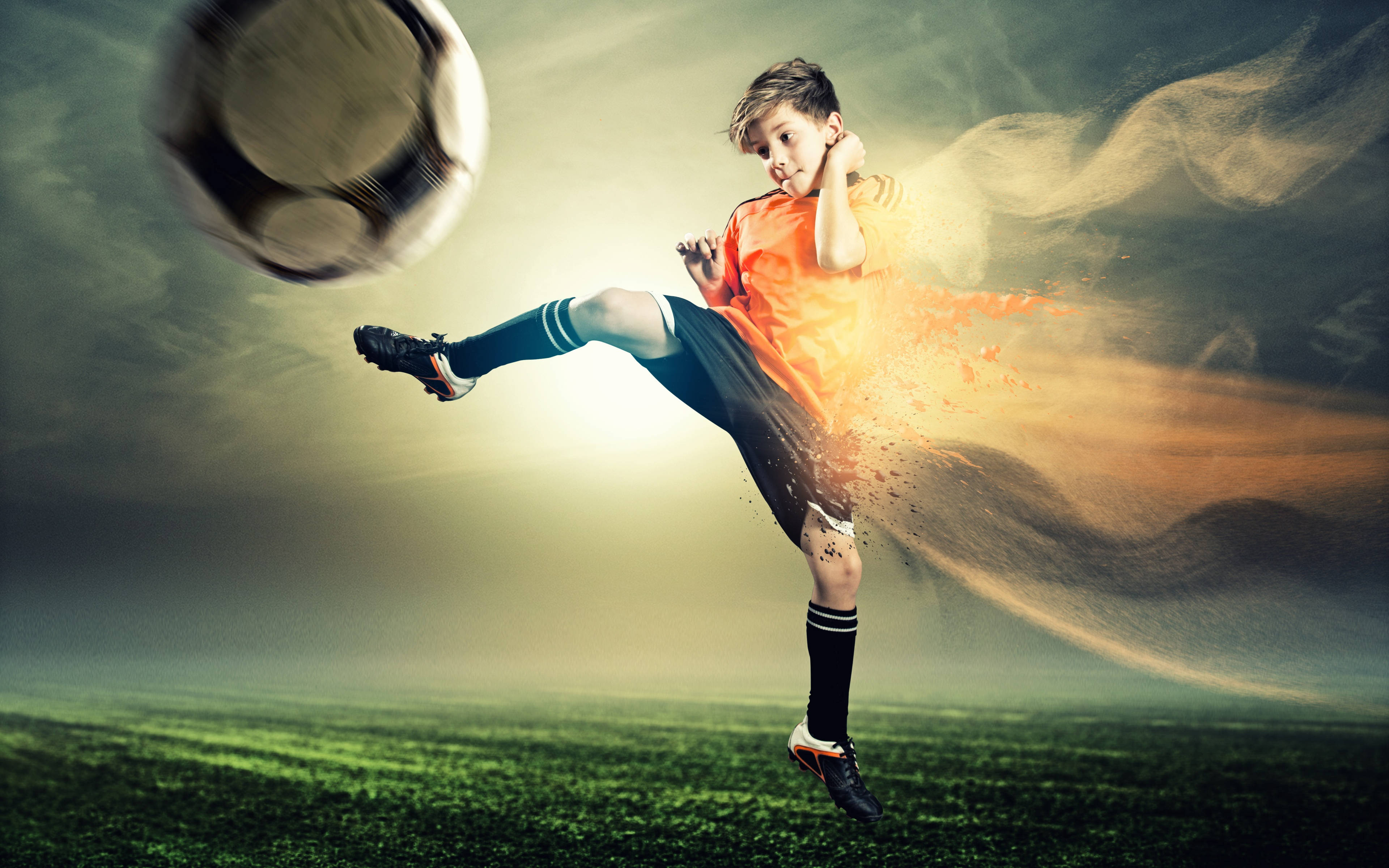 Cool Soccer Desktop, kid, orange jersey, 4K Desktop Wallpaper