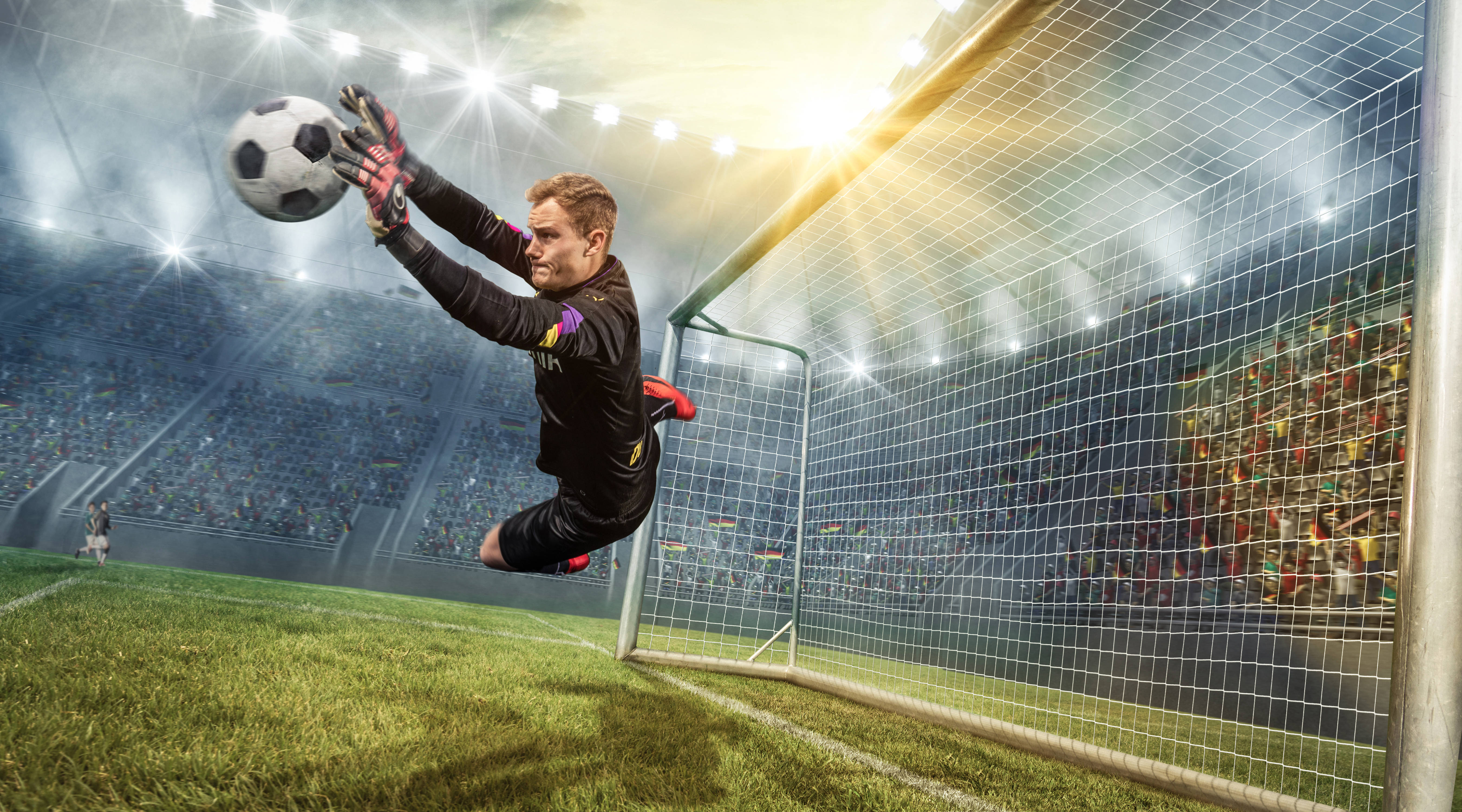 Cool Soccer Desktop, goalkeeper, stadium lights, 5K Desktop Wallpaper