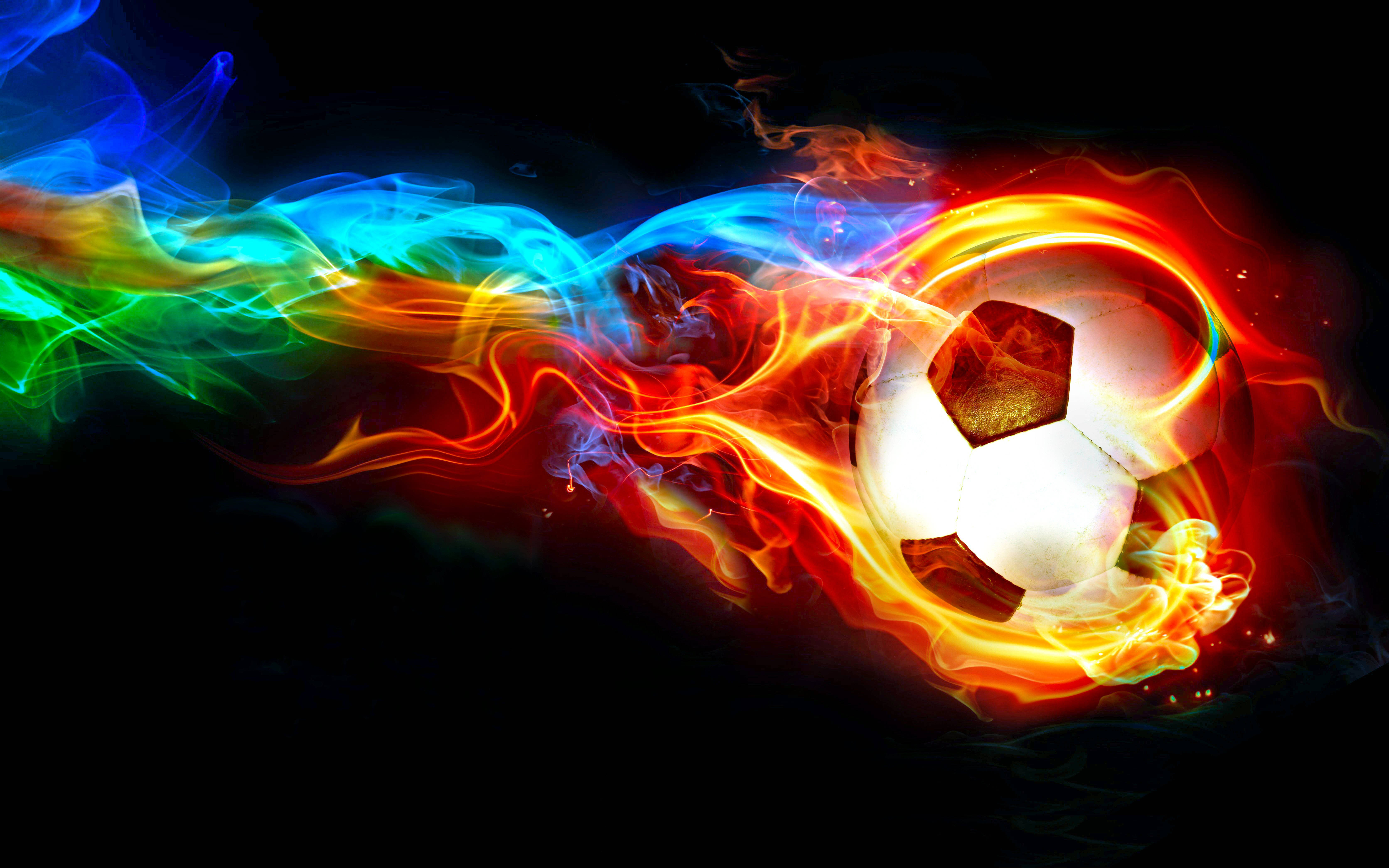 Cool Soccer Desktop, blue green flames, glowing soccer ball, 5K Desktop Wallpaper