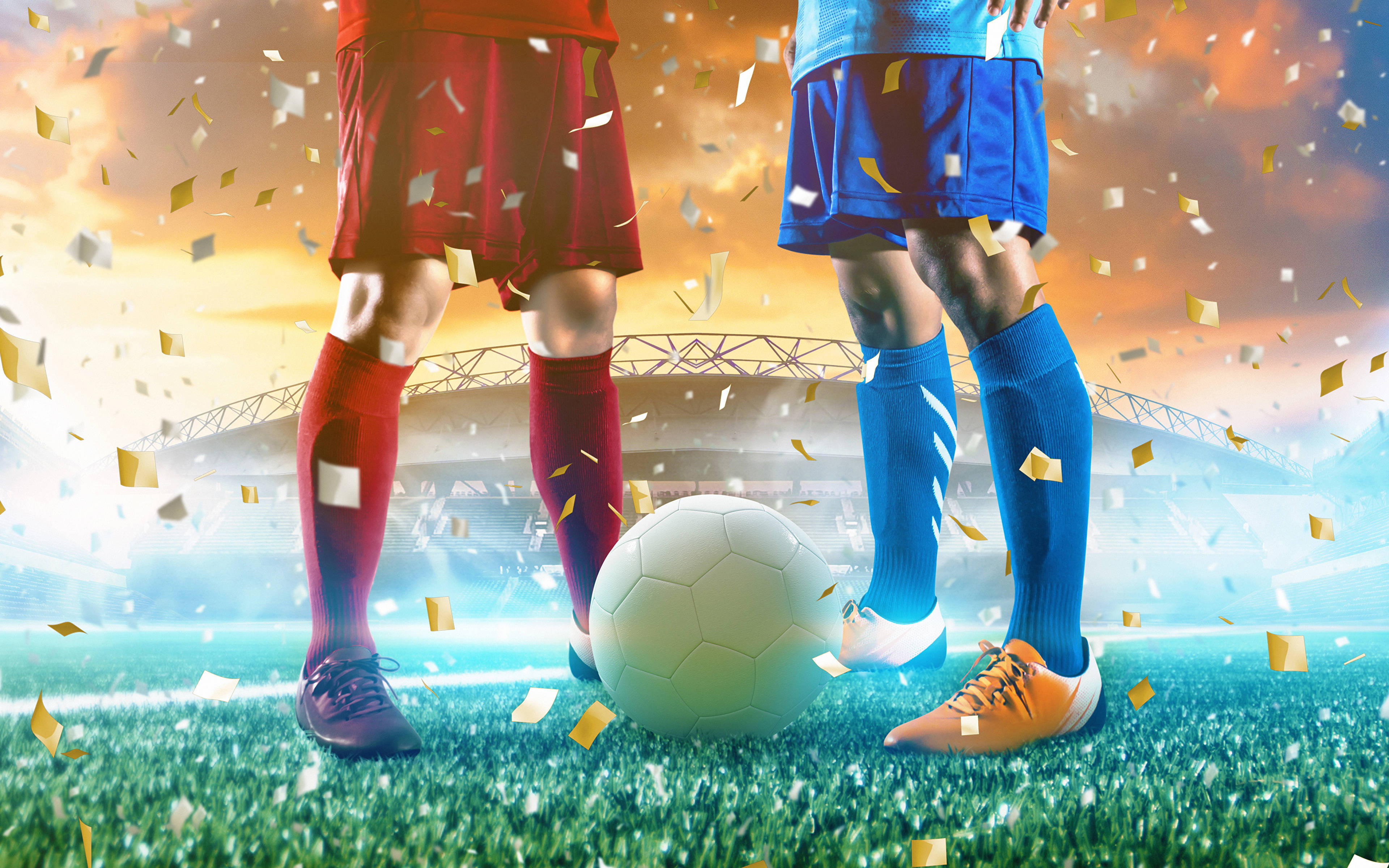 Cool Soccer Desktop, red and blue kits, vibrant green pitch, 4K Desktop Wallpaper