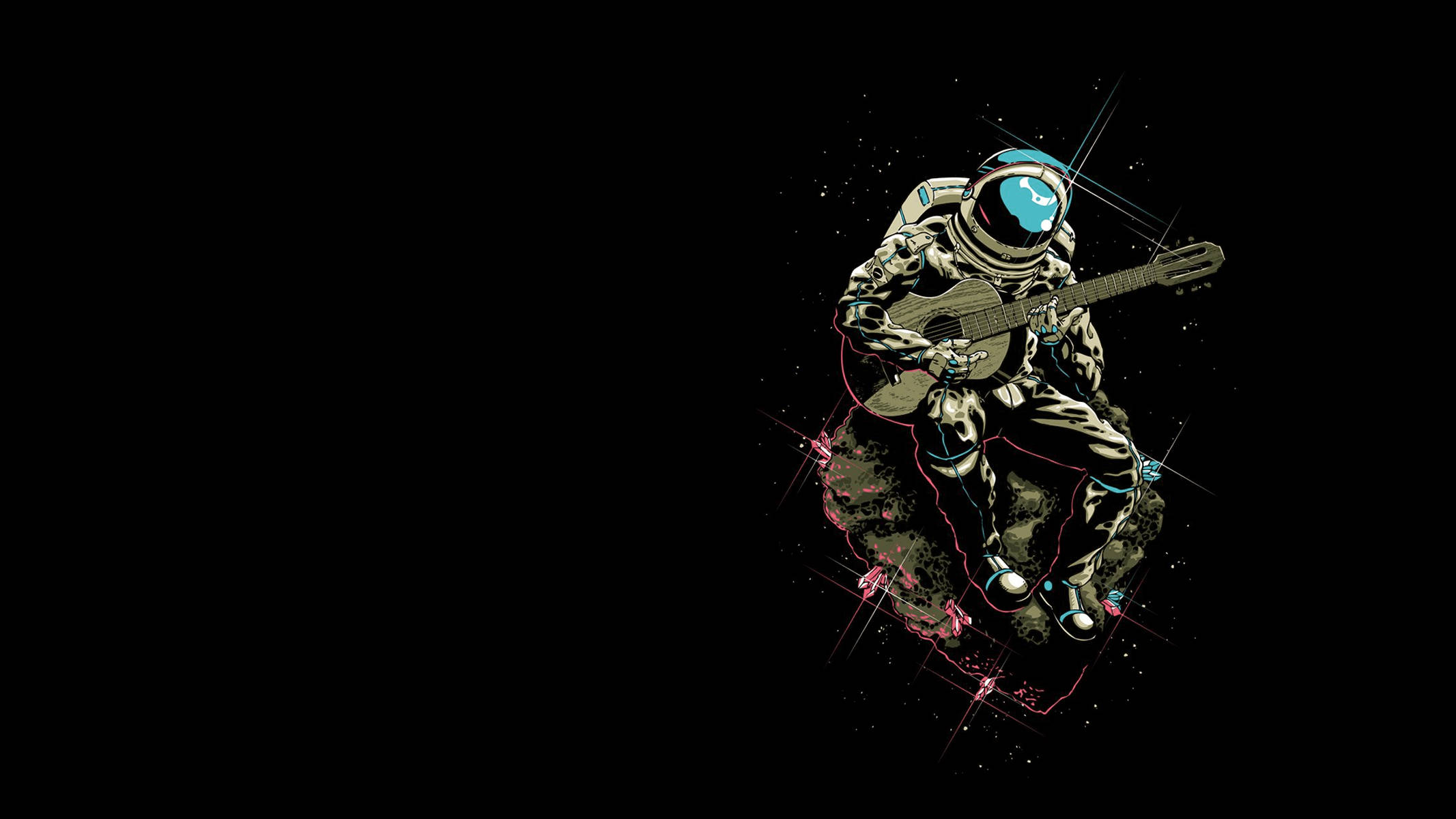 astronaut, guitar, rocky asteroid, Full HD Desktop Wallpaper