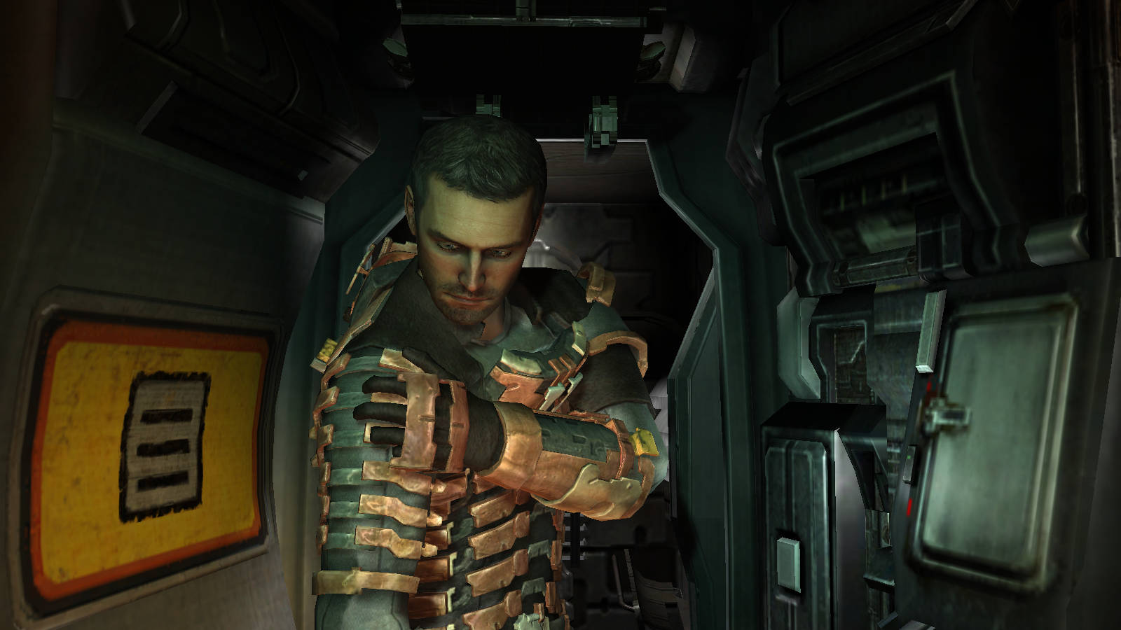 Cool Space, futuristic armor, dimly lit spaceship corridor, HD Desktop Wallpaper
