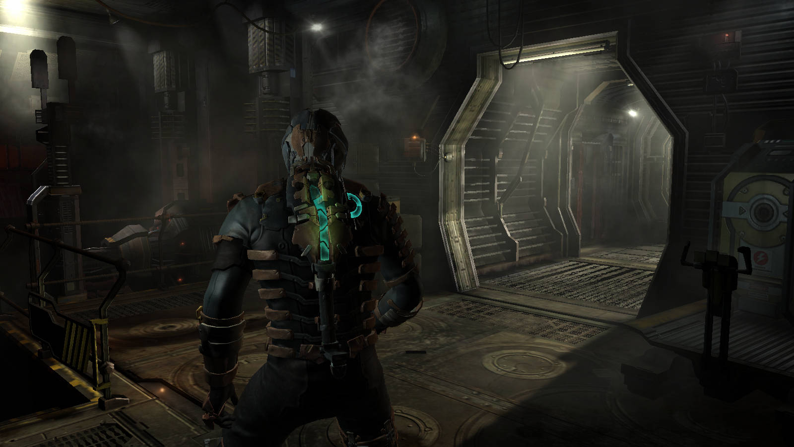 Cool Space Man, smoky spaceship, glowing green weapon, HD Desktop Wallpaper