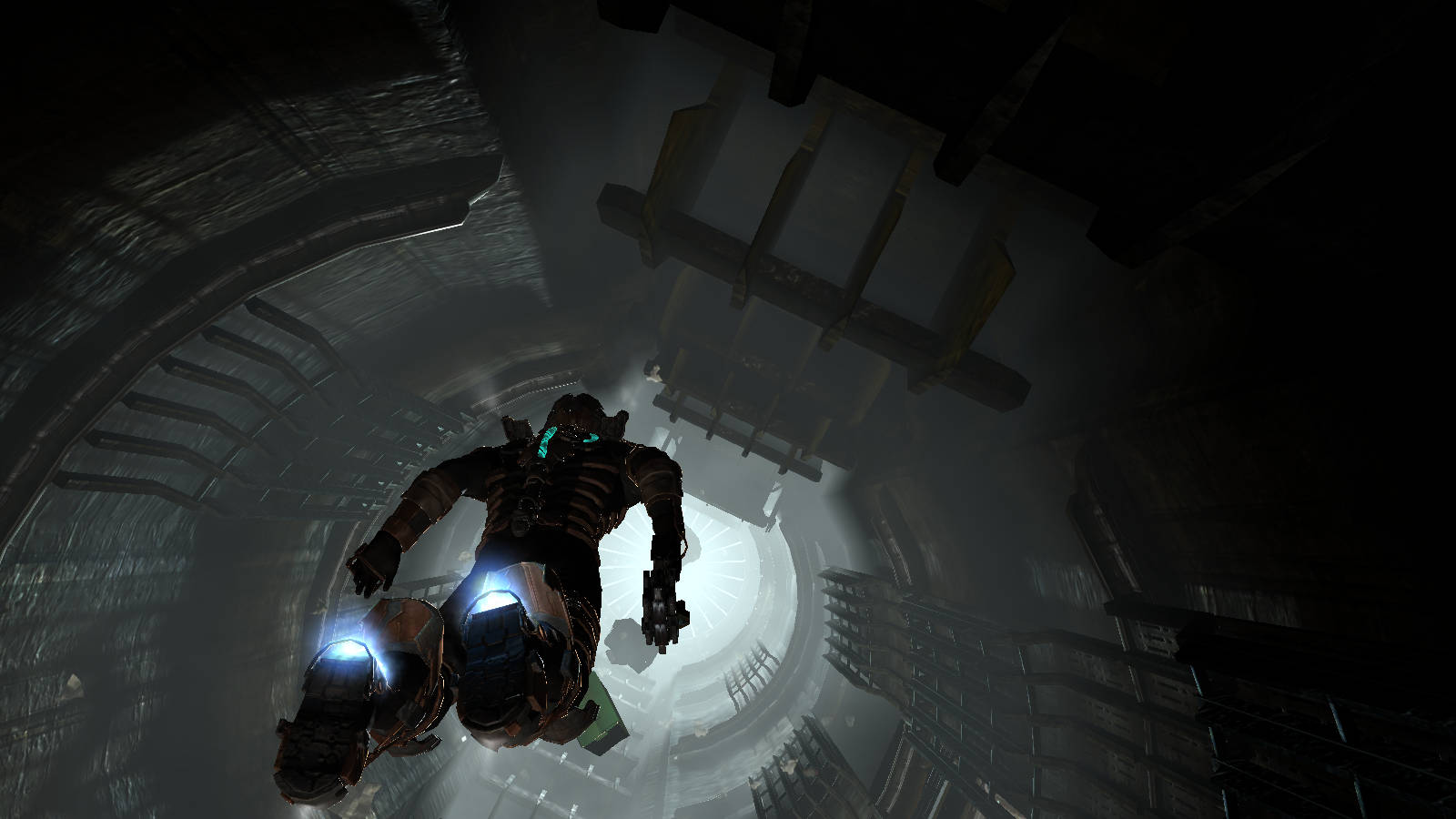 Cool Space, space-suited figure, dark industrial tunnel, HD Desktop Wallpaper