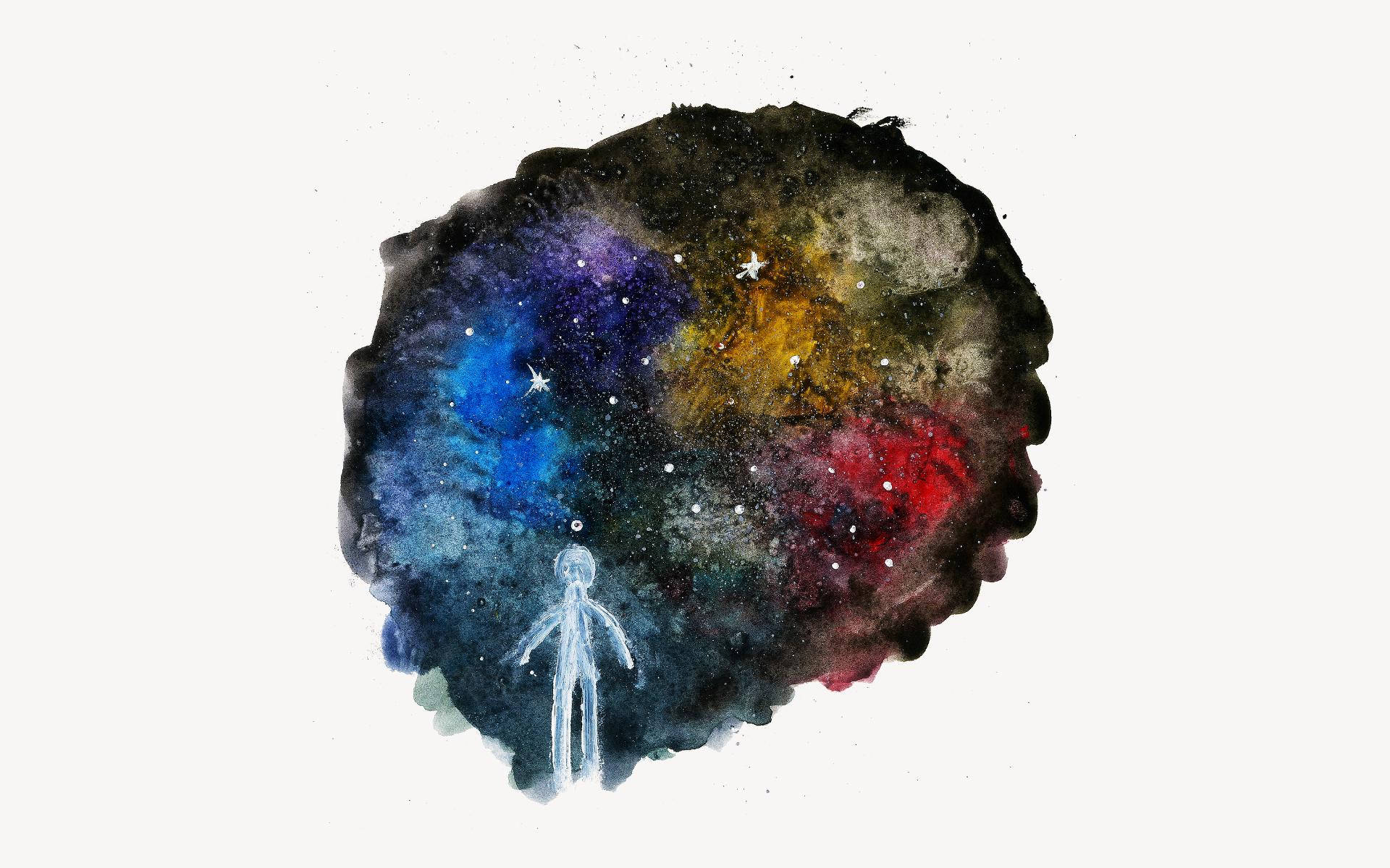 Cool Space, watercolor illustration, glowing human silhouette, Full HD Desktop Wallpaper