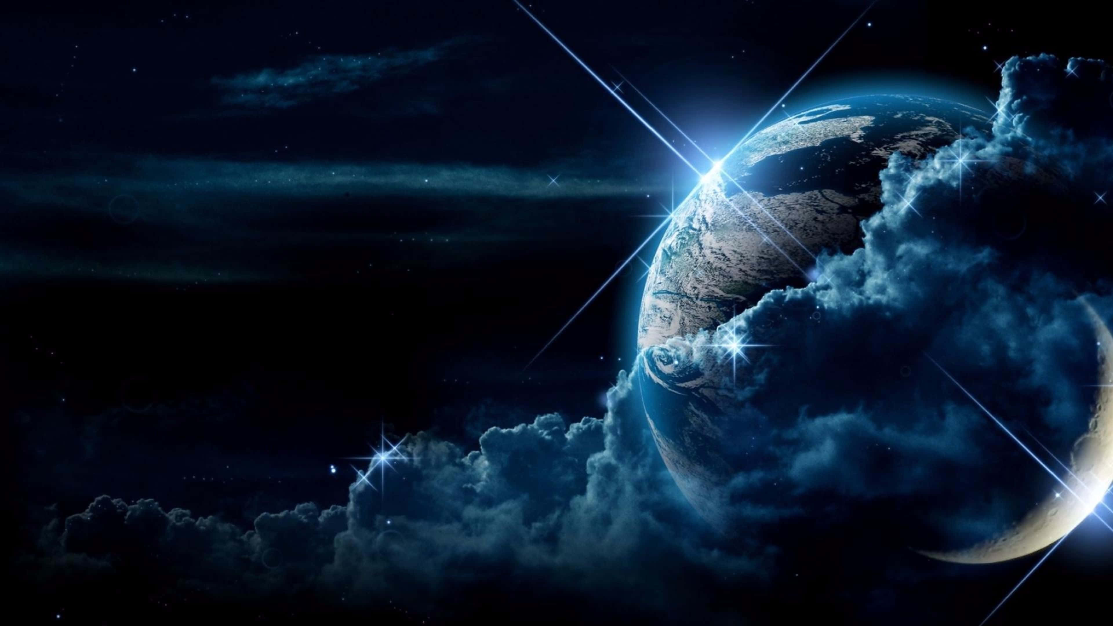 Earth, swirling cosmic clouds, starry night sky, 4K Desktop Wallpaper