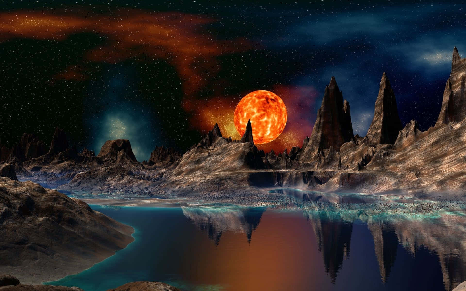 Outer Space Landscape, jagged mountains, calm lake, Full HD Desktop Wallpaper