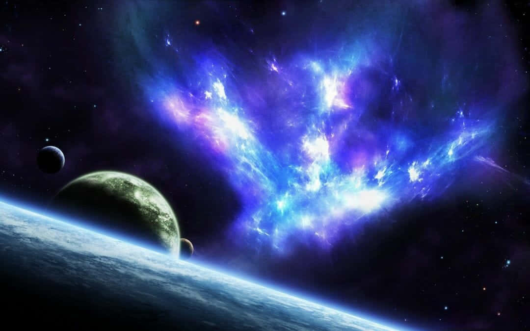 blue and purple background, cosmic nebula, planet's curved horizon, SD Desktop Wallpaper