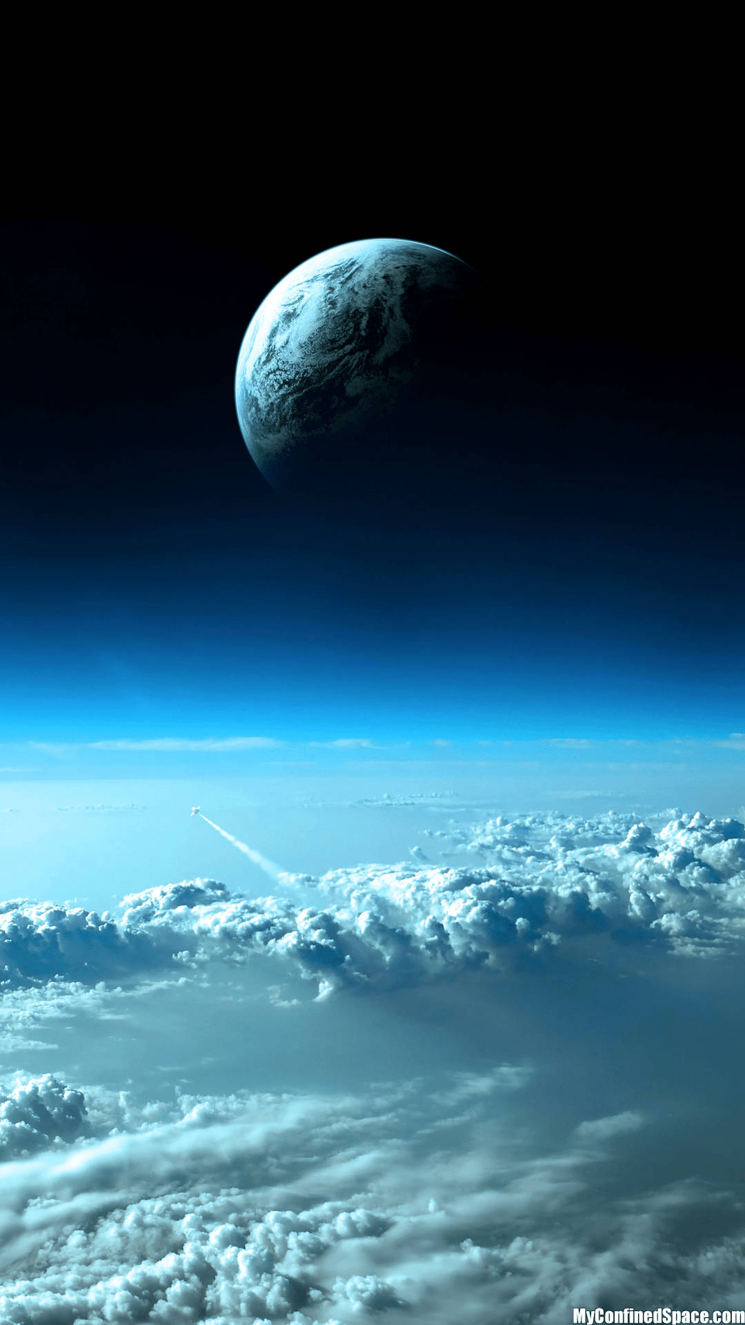 rocket, clouds, glowing blue planet, Full HD Phone Wallpaper