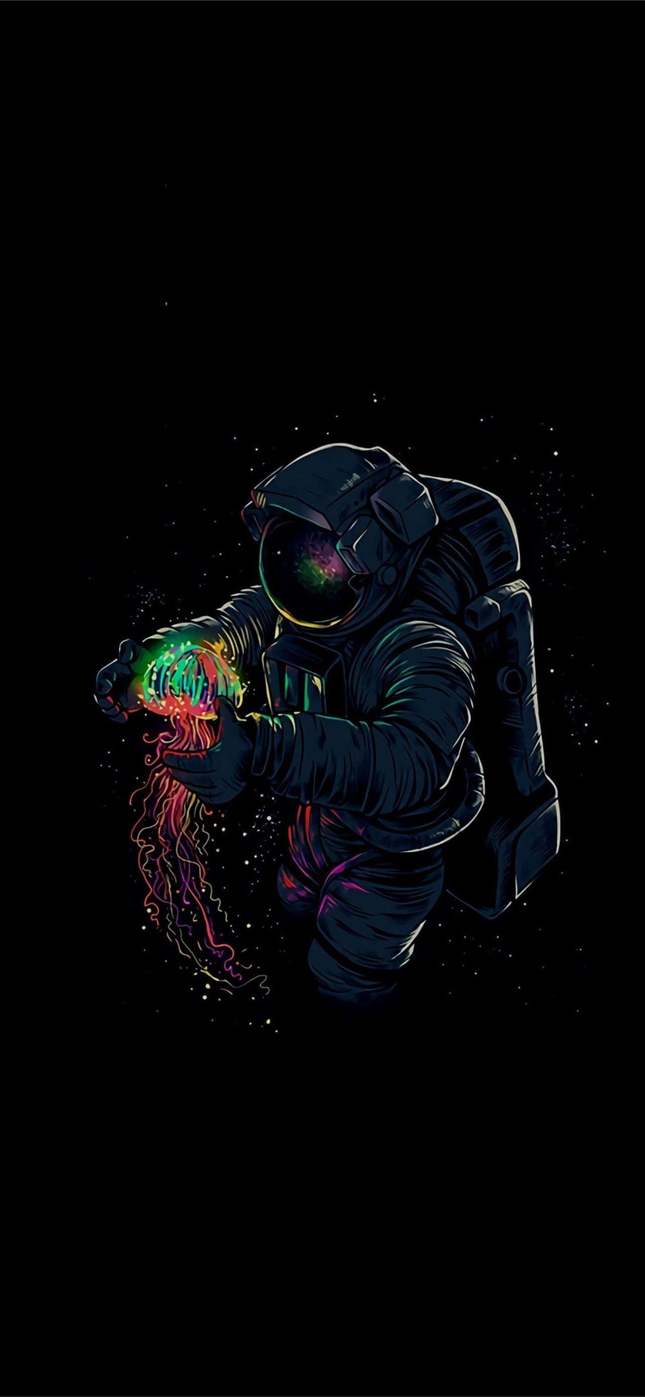 astronaut, dark suit, glowing neon jellyfish, 2K Phone Wallpaper
