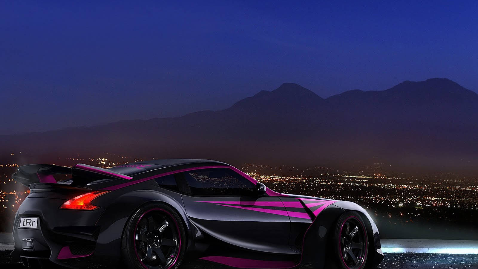 sleek black sports car, vibrant pink accents, cliff, HD Desktop Wallpaper